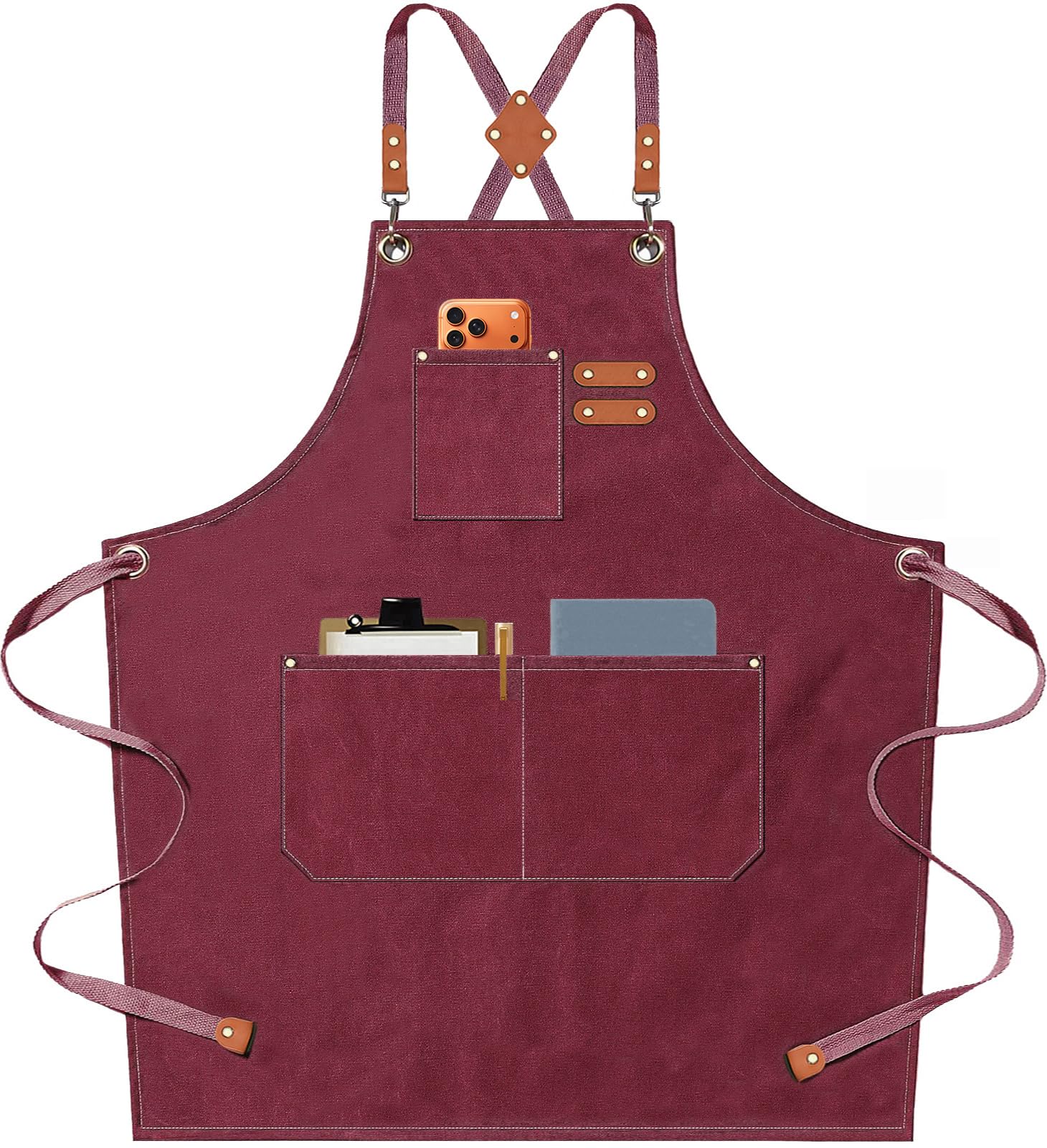 AFUN Chef Apron, Cotton Canvas Cross Back Apron with Adjustable Straps and Large Pockets,M to XXL (Darkred)