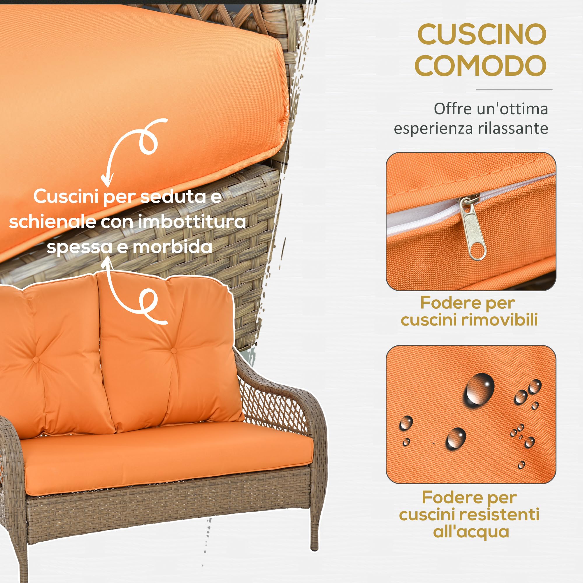 Outsunny Set Mobili da Giardino Rattan PE 2 Poltrone Khaki e Arancione | Divano a 2 Posti, Tavolo, Cuscini