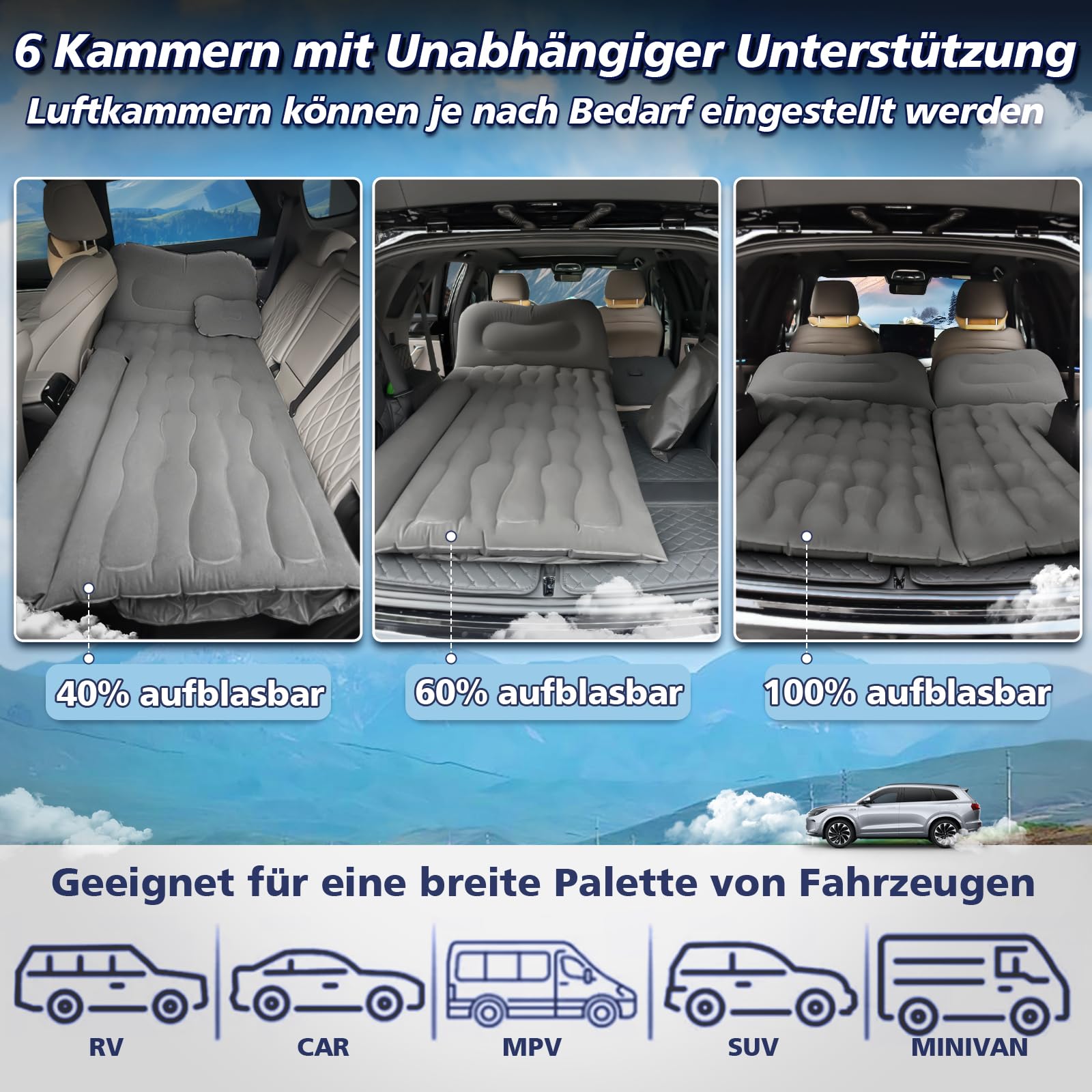 FORMIZON SUV Aufblasbare Matratze, 180 * 140cm Auto Luftmatratze, Aufblasbare Matratze Kofferraum mit Luftpumpe und 2 Kissen, Tragbare Doppelseitige Dickere Auto Bett für Reisen Camping Outdoor