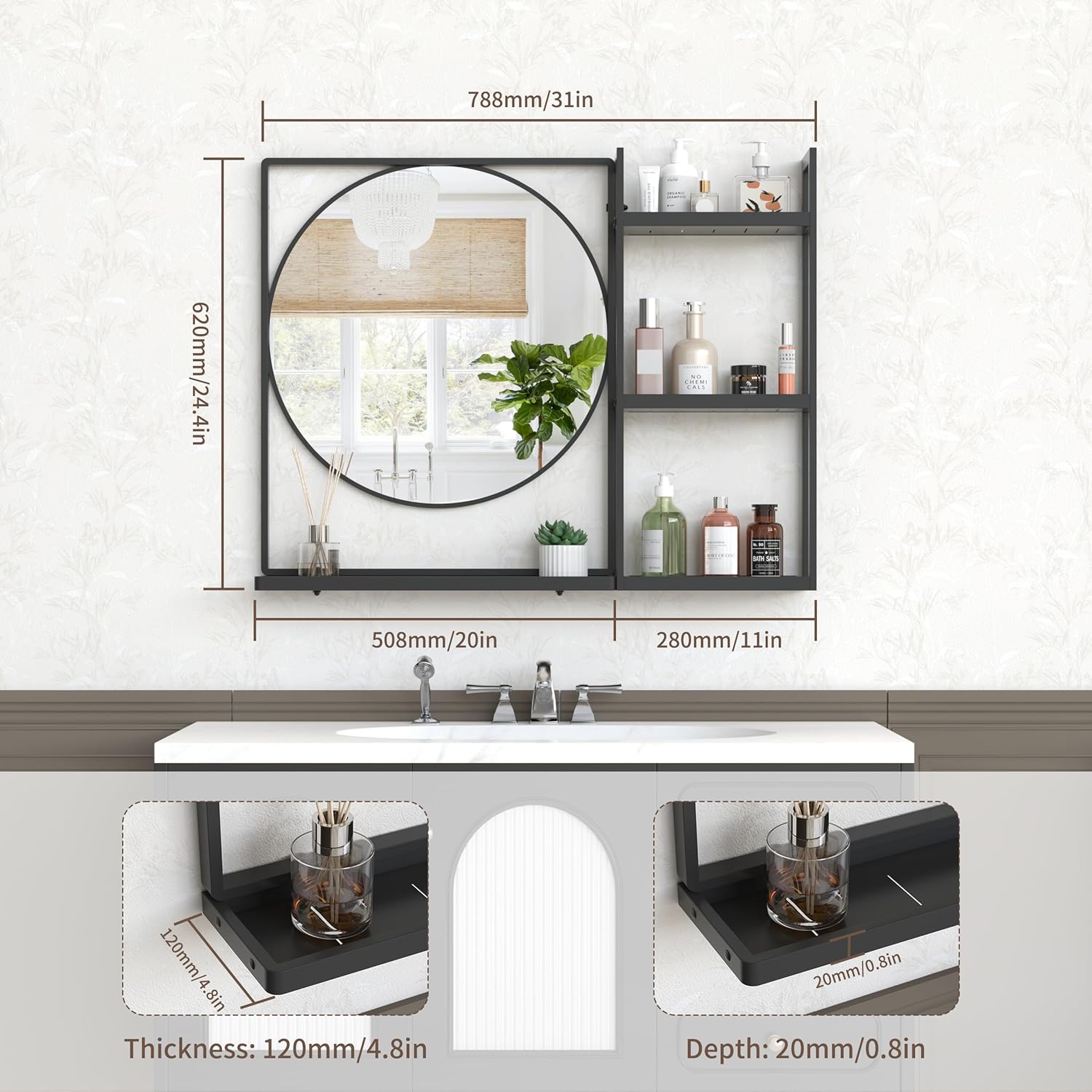 Bathroom Mirror with Shelf 31 x 24.4 Inch Modern Rectangle Wall Mirror with Shelves for Bathroom, Black Metal Framed Bathroom Vanity Mirrors for Over Sink/Entrance