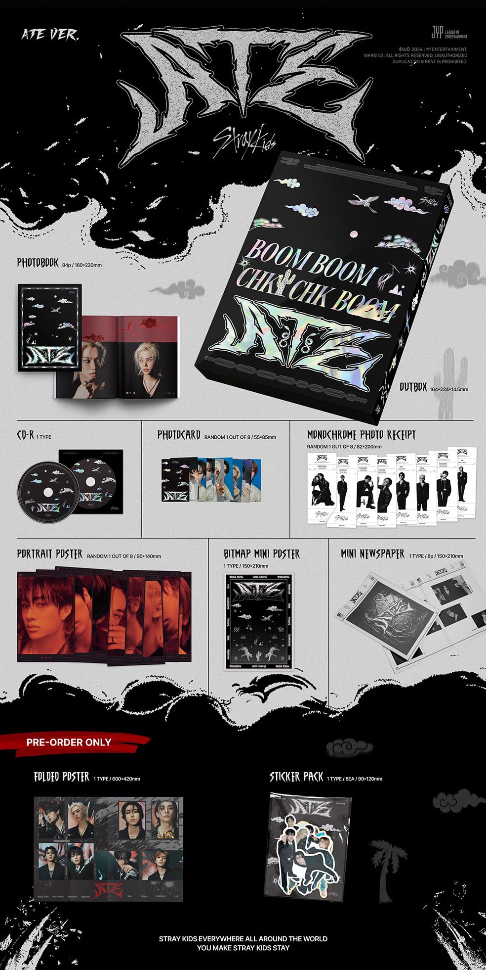 [Preorder-benefits] STRAY KIDS - ATE LIMITED [ATE Ver] 9th Mini Album CD-R+Photocard+Photo Receipt+Portrait Poster+Bitmap Mini Poster+Photobook+Mini Newspaper+Folded Poster+Sticker Pack