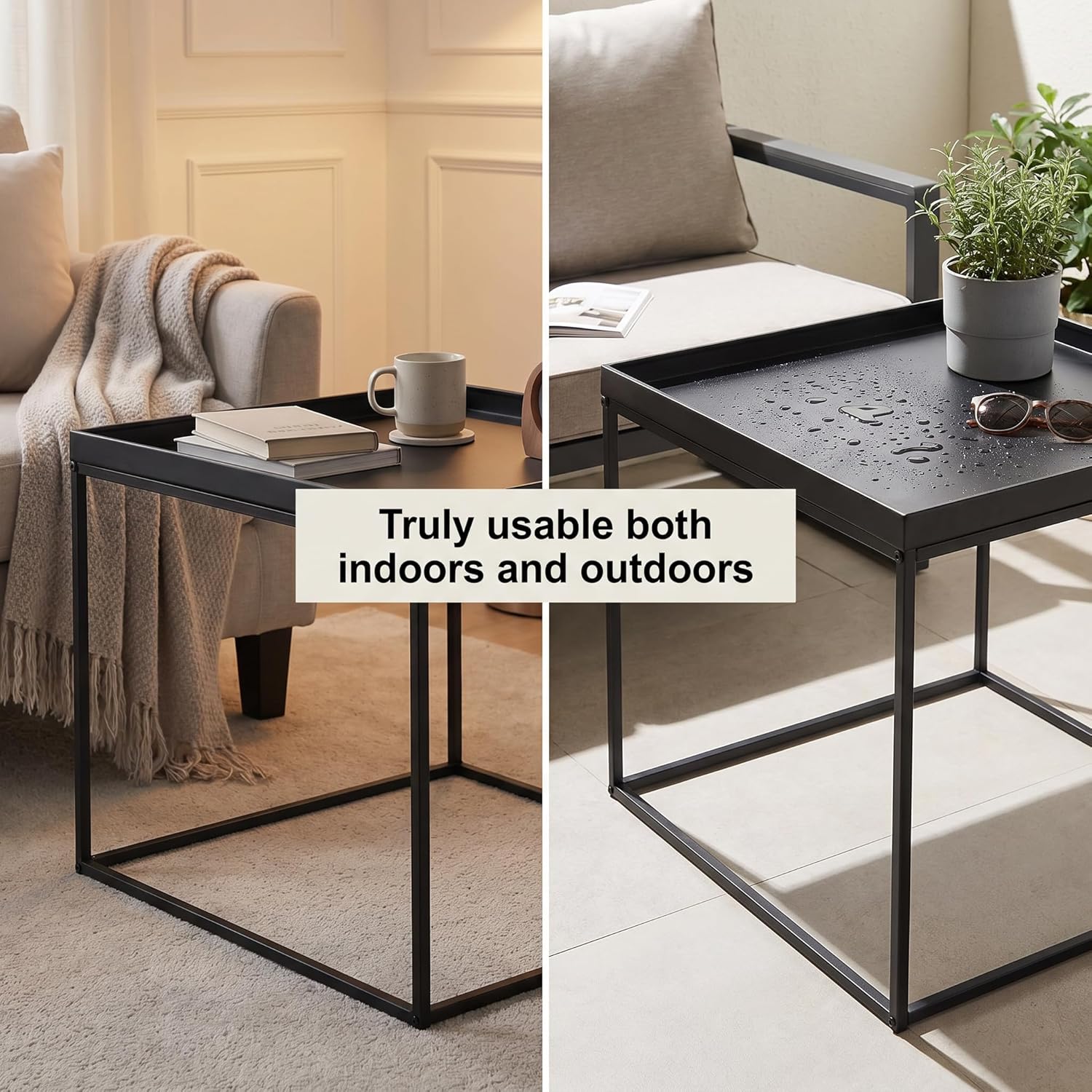 Modern Black Metal Side Table with Raised Edge, 24" Square Indoor Outdoor End Table for Living Room & Patio, 44lb Load Waterproof Accent Table