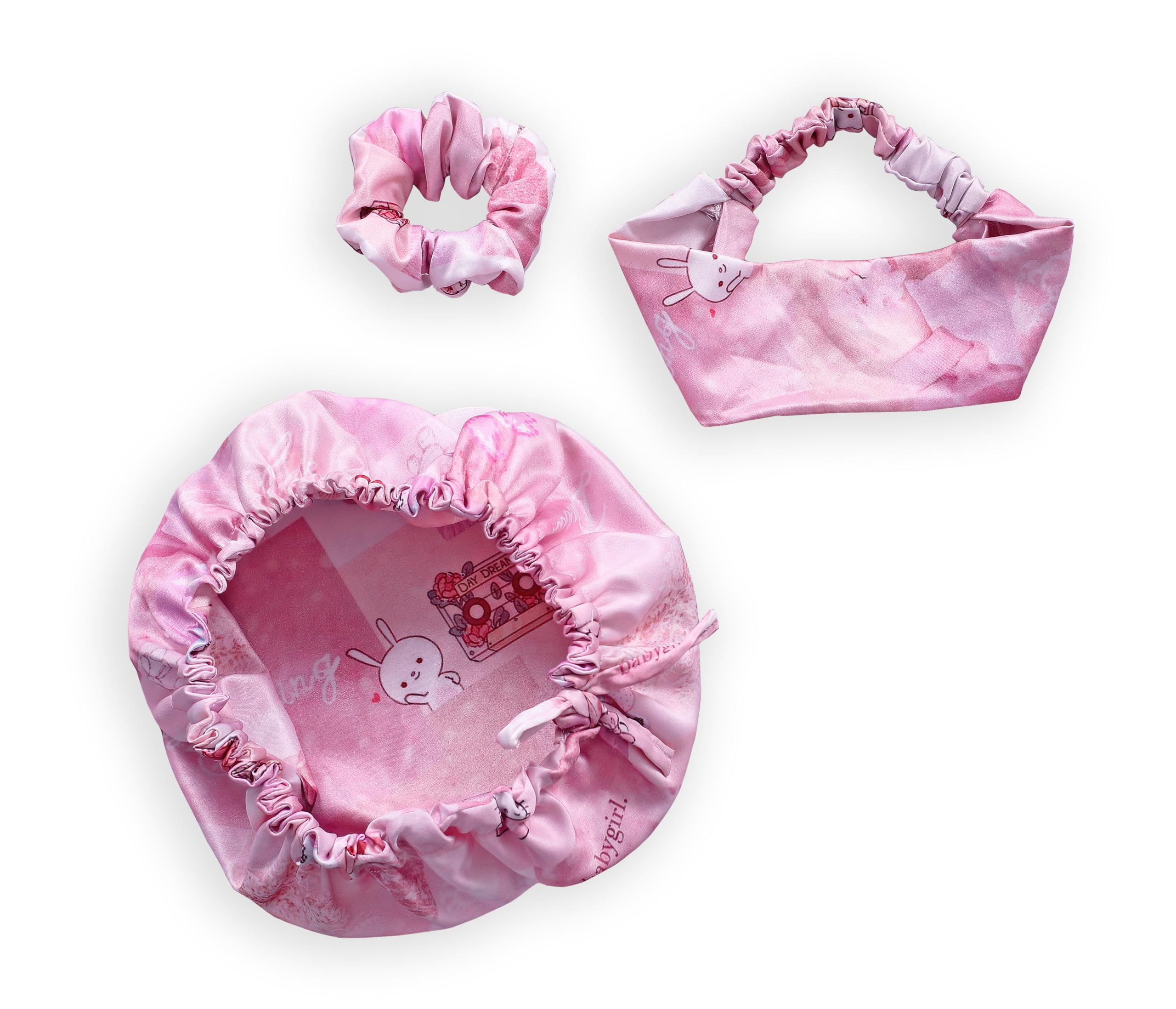 Satin Shower Cap Set for Women | Waterproof Reusable Hair Cap with Matching Headband & Scrunchie | Bath, Spa, Face Wash & Hair Care Use (Pink, 3 Piece Set)-image-9