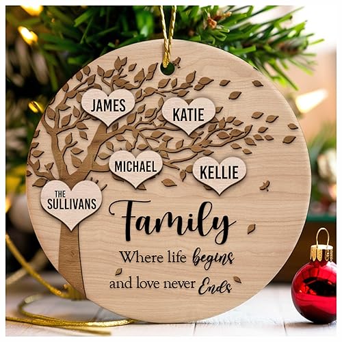 Family Where Life Begins and Never Ends Personalized 3 Inch Ceramic Christmas Ornament With Gift Box (4 Names)