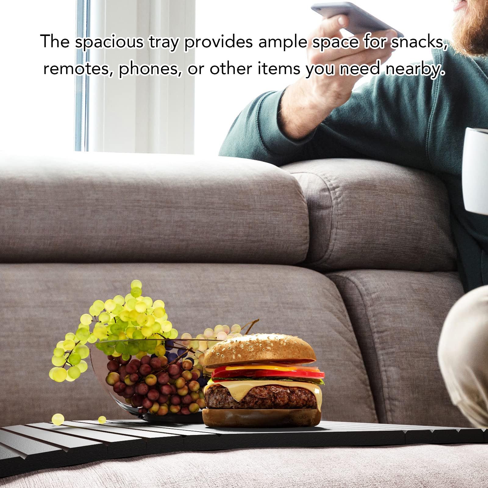 Bandeja para reposabrazos de sofá, soporte antideslizante para aperitivos y bebidas para sofá, mesa ajustable para mando a distancia, tazas y beveras, perfecta para comodidad de sala de estar
