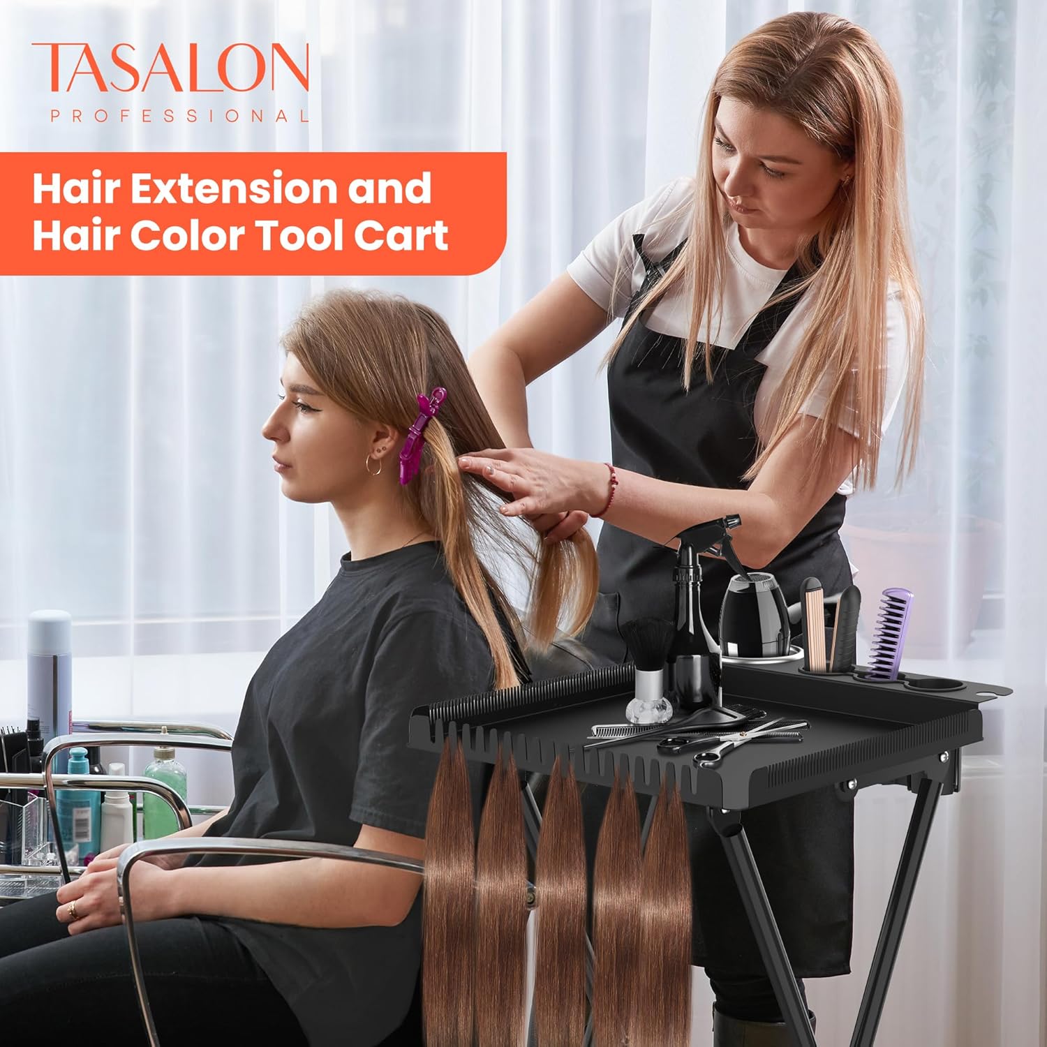 TASALON Professional Hair Styling Station Cart, Metal Rolling Hair Stylist Cart with 2 Magnetic Hair Color Bowls, Salon Trolley with Tool Holder and Hair Extension Stand for Hair Salon Stations