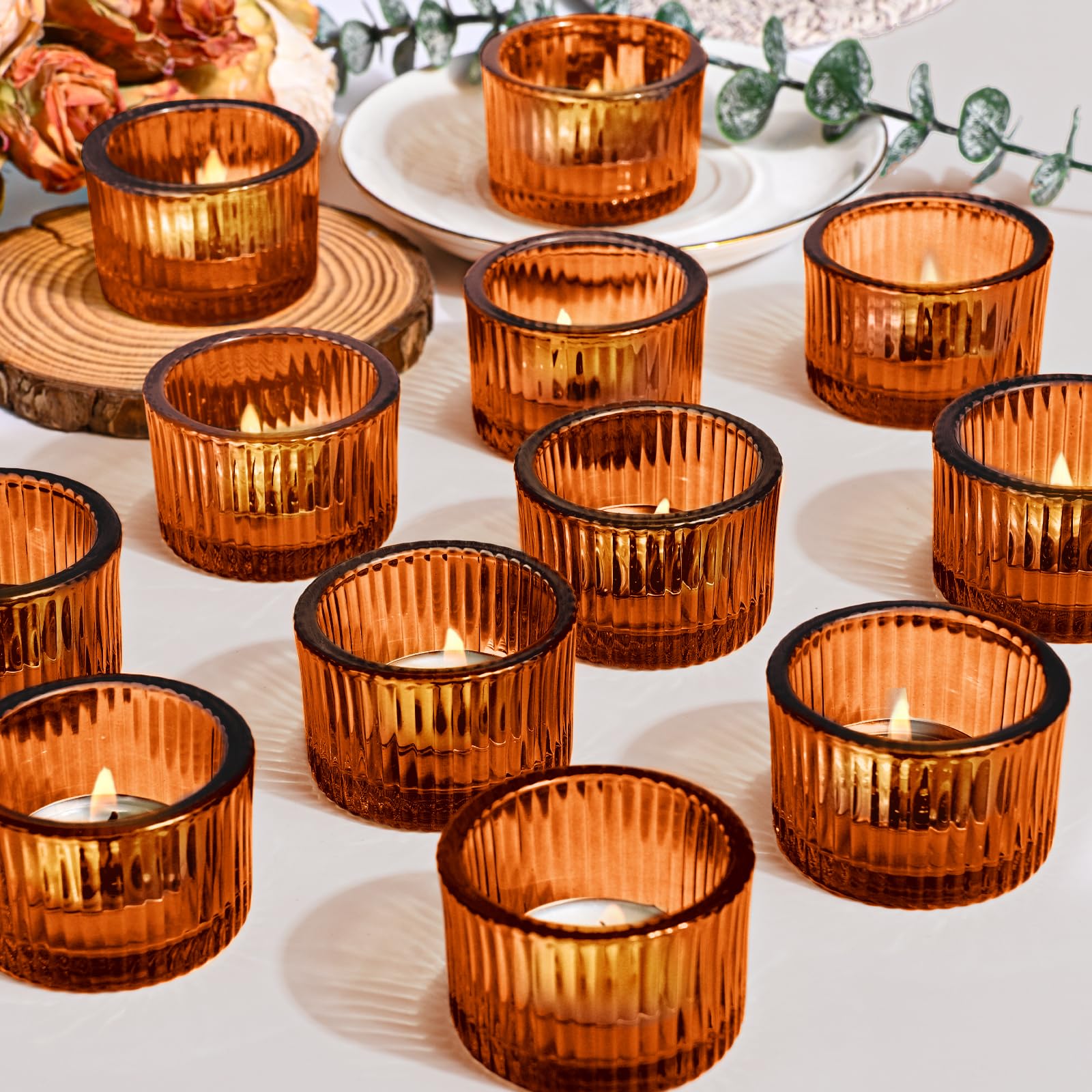 10pcs Votive Candle Holders Tealight Candle Holder Glass Amber Tea Light Holders for Table Centerpiece, Small Candles Holder Bulk for Wedding Baby Shower Home and Party Fall Decorations