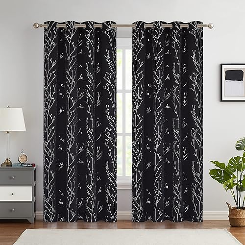 Miniatura 2 de Topick Cortinas opacas con aislamiento térmico para dormitorio, cortinas largas negras para ventana de sala de estar con estampado de ramas de árbol