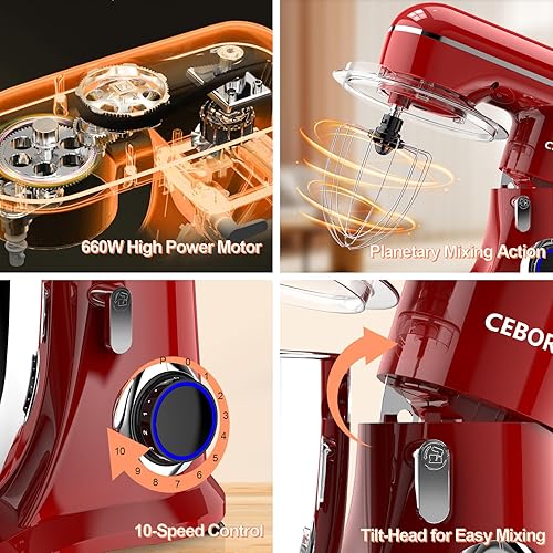 3-IN-1 Electric Stand Mixer, 6.5QT Bowl 660W 10-Speed Kitchen Mixer, Household Food Mixers include Dough Hook, Beater and Whisk, Bread Cake Mixer for Baking and Most Home Cooks, Red