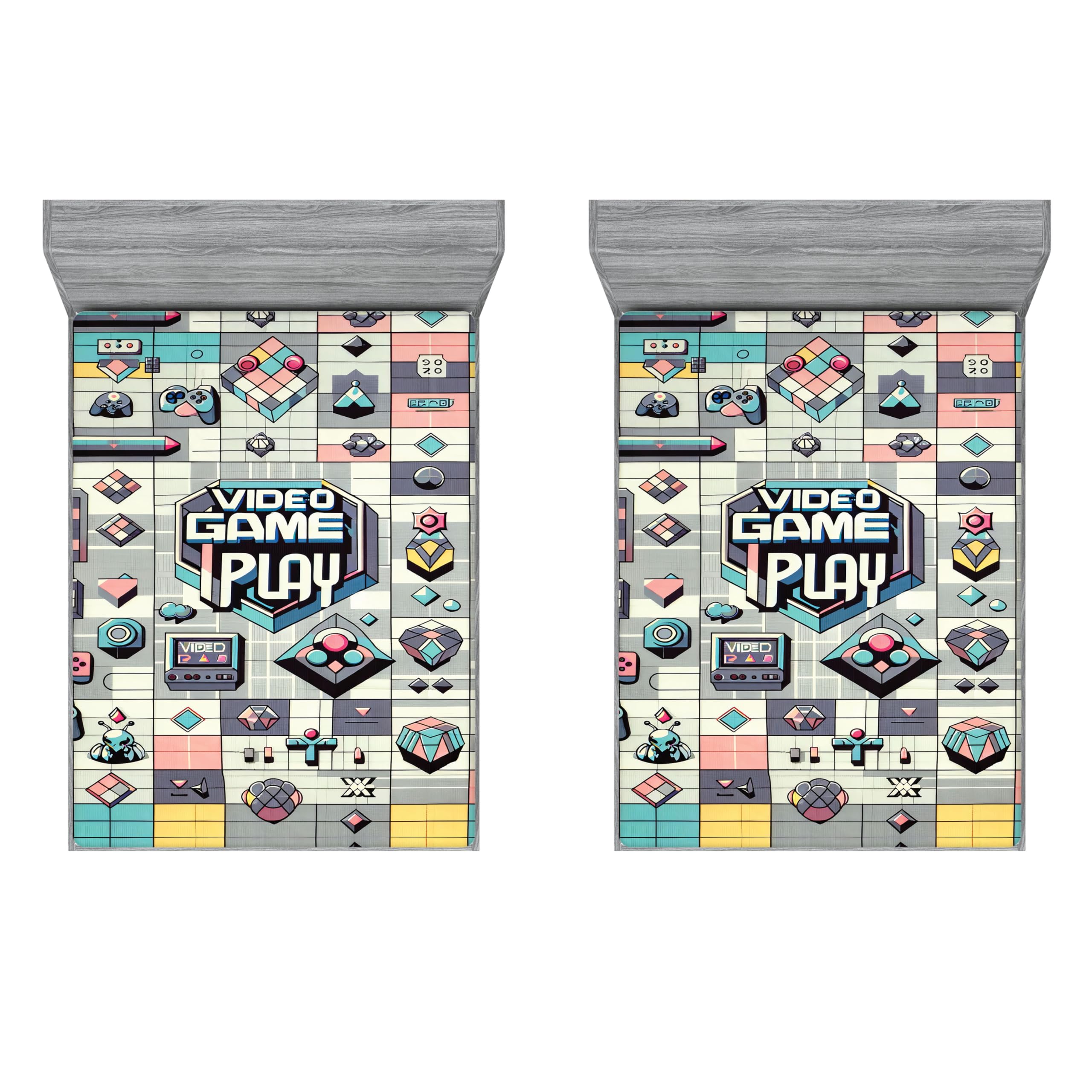 Ambesonne Retro 2 Pack Fitted Sheet, Gaming 90s Aliens Cubes Print, Bed Cover All-Round Elastic Deep Pockets 2 Pieces, Package Contains 2 Full Size Fitted Sheets, Purpleblue Multicolor