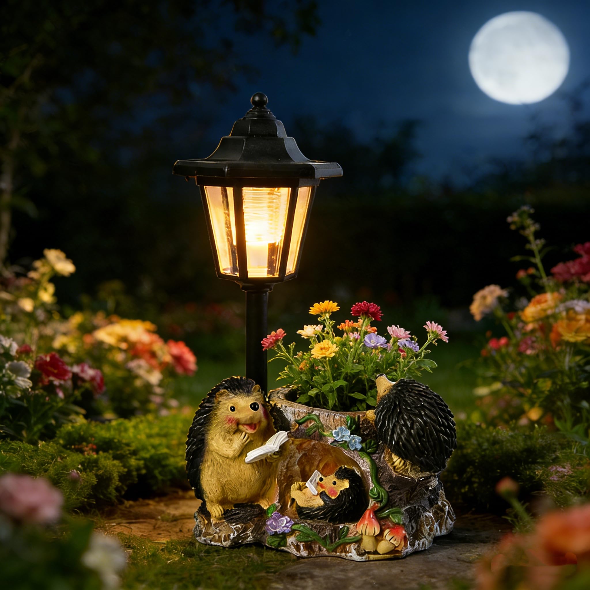 HIAME Garden Hedgehog Statues with Solar Lantern Flowerpot Outdoor Decoration, Hedgehog Figurines Yard Art Sculptures for Patio Lawn Backyard Porch Ornaments Unique Birthday Gifts for Women Mom (C)