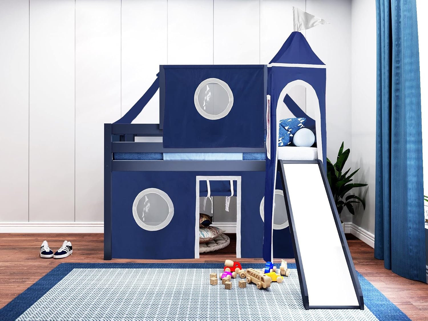 JACKPOT! Castle Low Loft Bed with Slide Blue & White Tent and Tower, Loft Bed, Twin, Blue