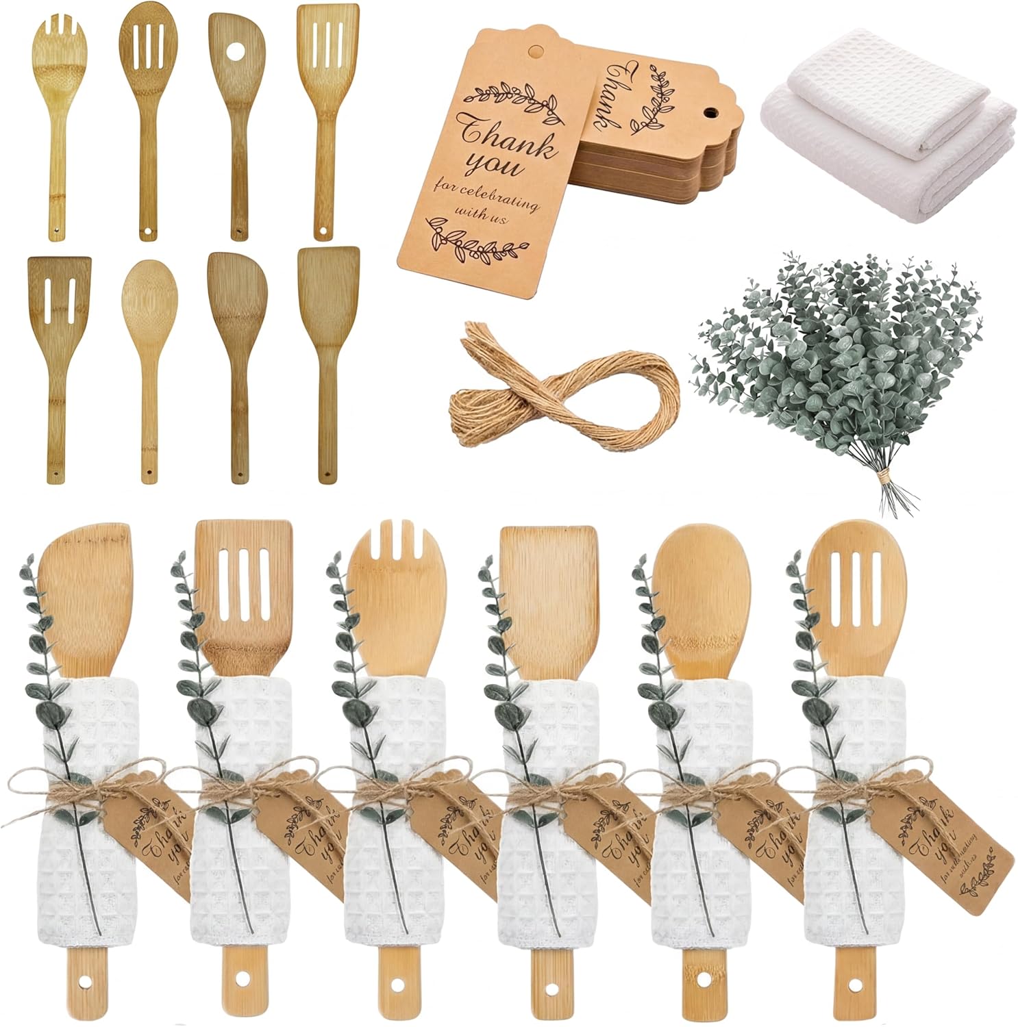 24 Set Bridal Shower Party Favors, Bulk Wooden Spoons Artificial Eucalyptus Stems Bamboo Cooking Utensils Set Thank You Tags for Guests Wedding Shower Prizes