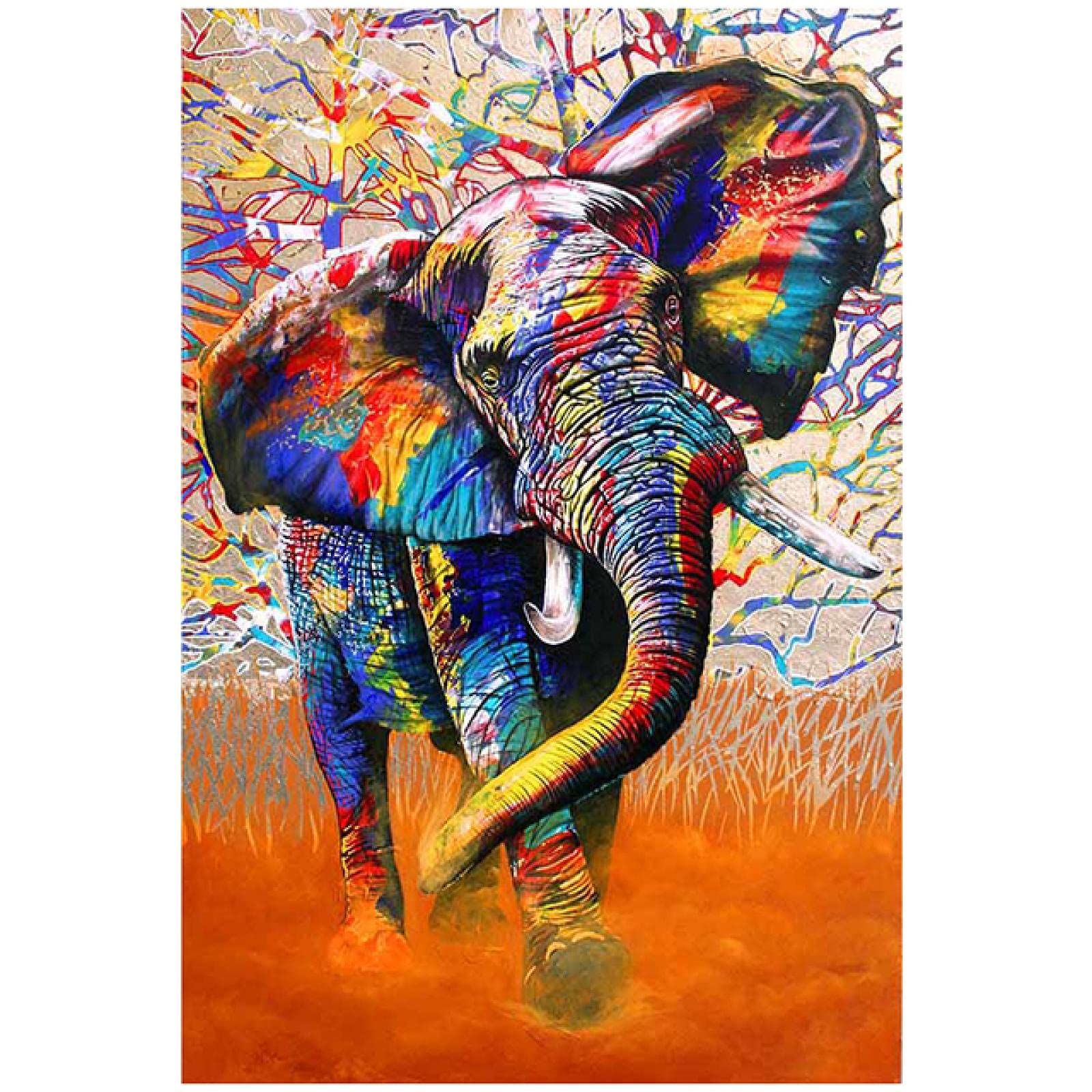 カラフルな象の絵画 ロシア カラフルな象の絵 動物 オリジナルアート キャンバス 象 油絵