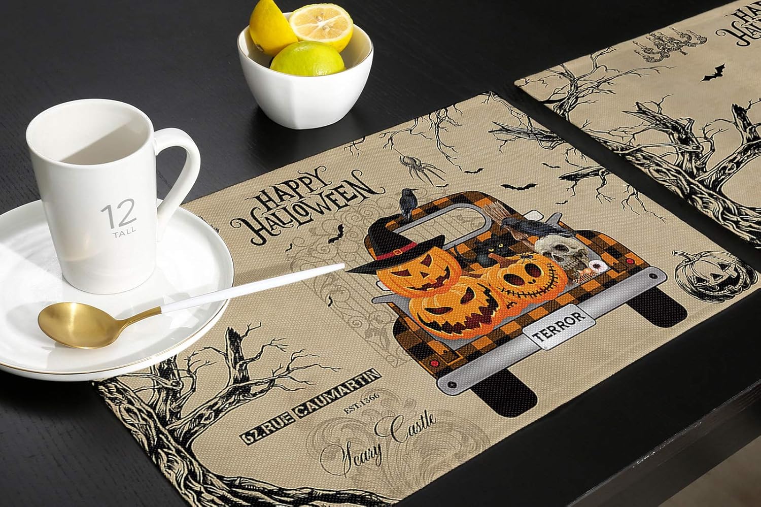 Halloween Placemats for Dining Table Set of 6, Cotton Linen Table Mats Non-Slip Washable Kitchen Placemats for Adults/Kids, Happy Halloween Terror Truck with Evil Pumpkins Skull Black Cat Raven Bats