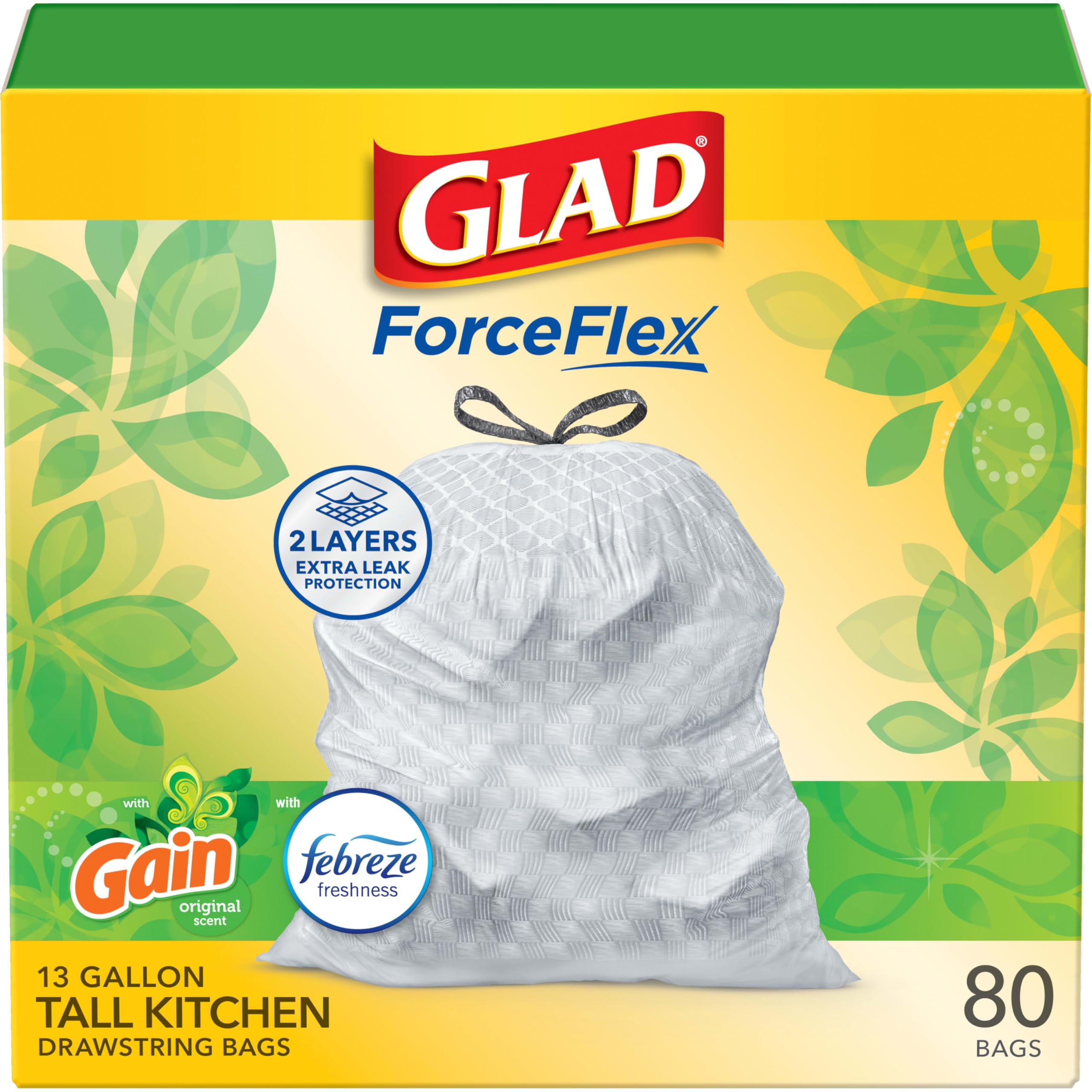 Glad ForceFlex Tall Kitchen Trash Bags, 13 Gal, Gain Original with Febreze, 80 Ct (Pack May Vary)