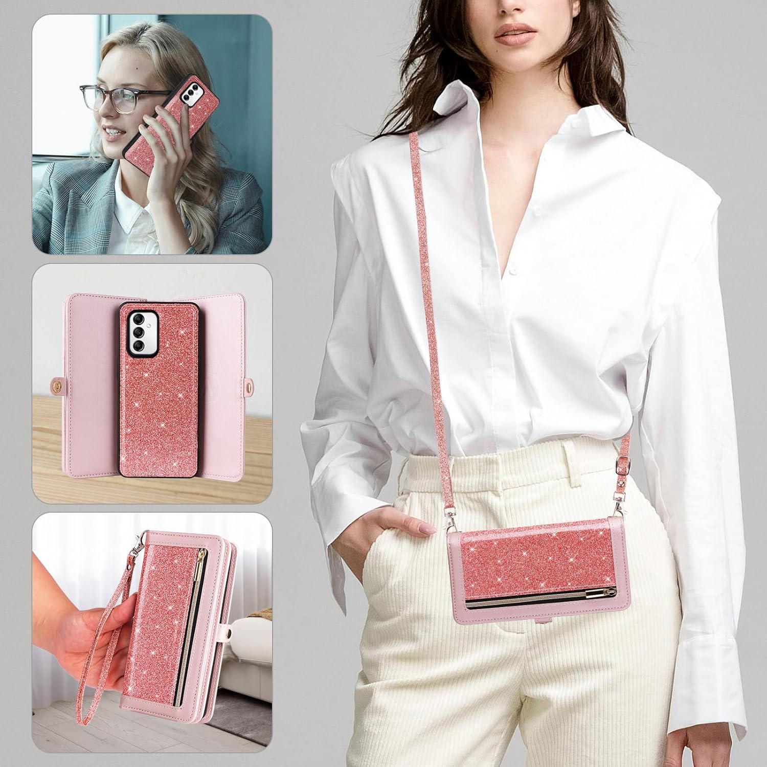 Asuwish Phone Case for Samsung Galaxy A14/M14 5G Zipper Wallet Detachable Cell Cover with Tempered Glass Screen Protector Crossbody Strap Bling Glitter Flip Card Holder A 14 4G 14A 14M G5 Women Pink