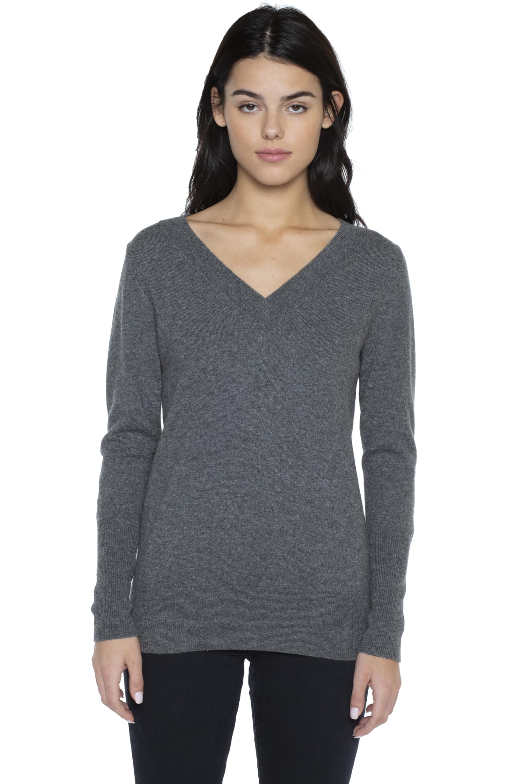 JENNIE LIU Women's 100% Pure Cashmere Long Sleeve Ava V Neck Pullover Jumper(XL, Charcoal)