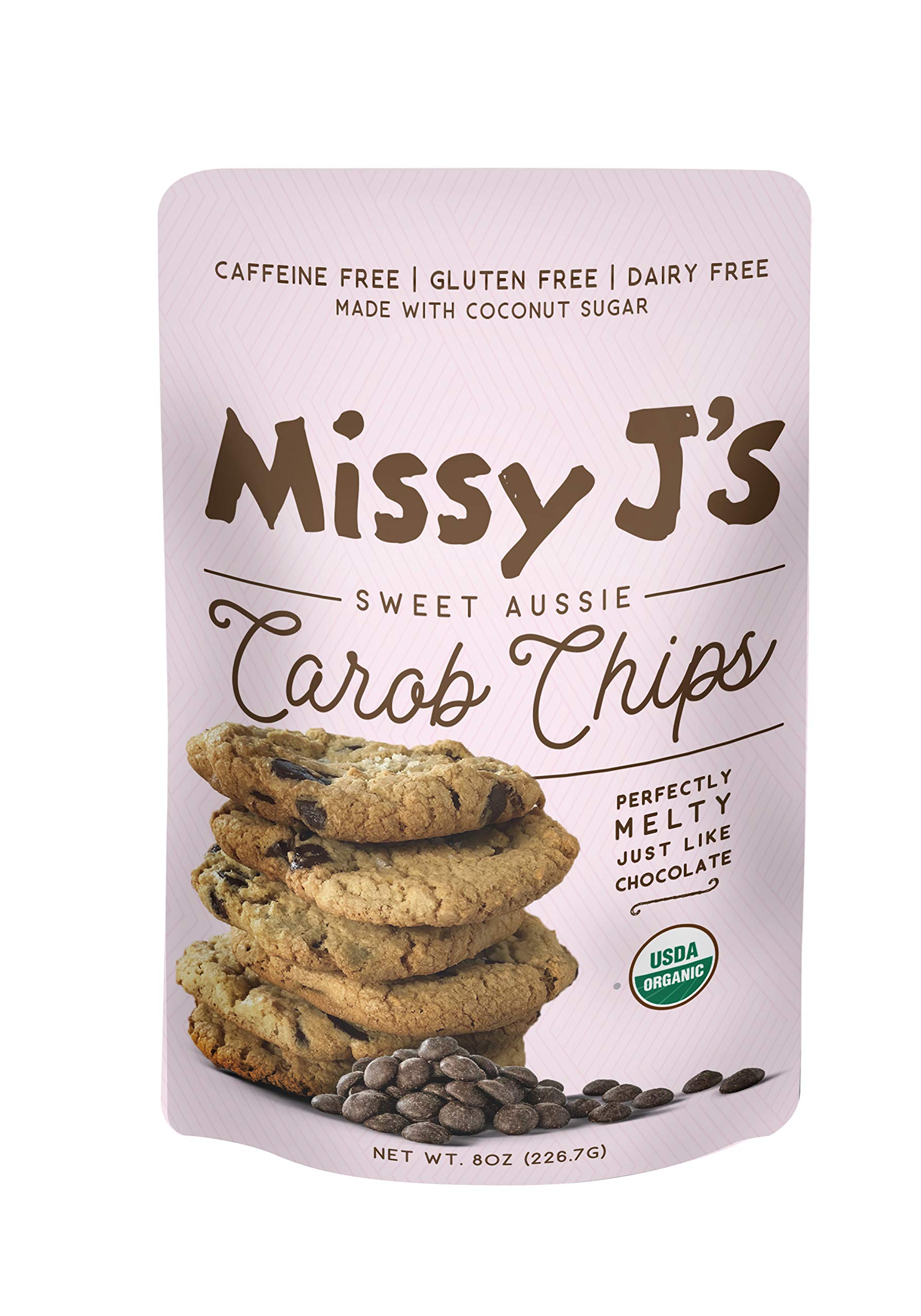 Missy J's Organic Carob Chips 8 Ounce 1 Pack | Carob Made w/Coconut Sugar, Vegan and Gluten-Free | Healthy Caffeine Free Substitute for Chocolate, Perfect for Snacks and Treats