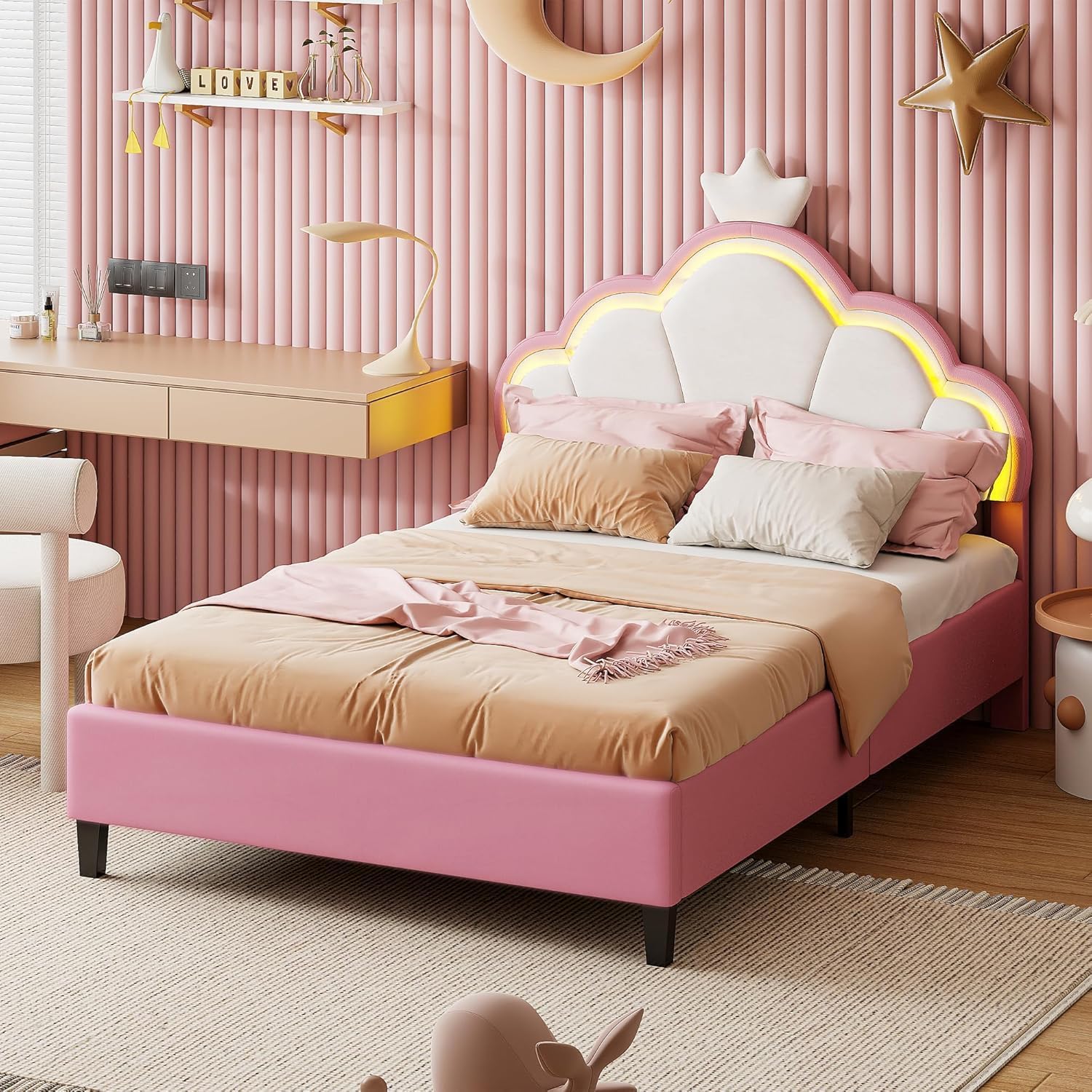 Cama infantil tapizada de 90x200 cm, cama para niñas, camaInfantil, camaPrincesa con cabecero LED ajustable y somier de láminas, camaJuvenil de madera maciza y terciopelo, sin colchón (90*200)