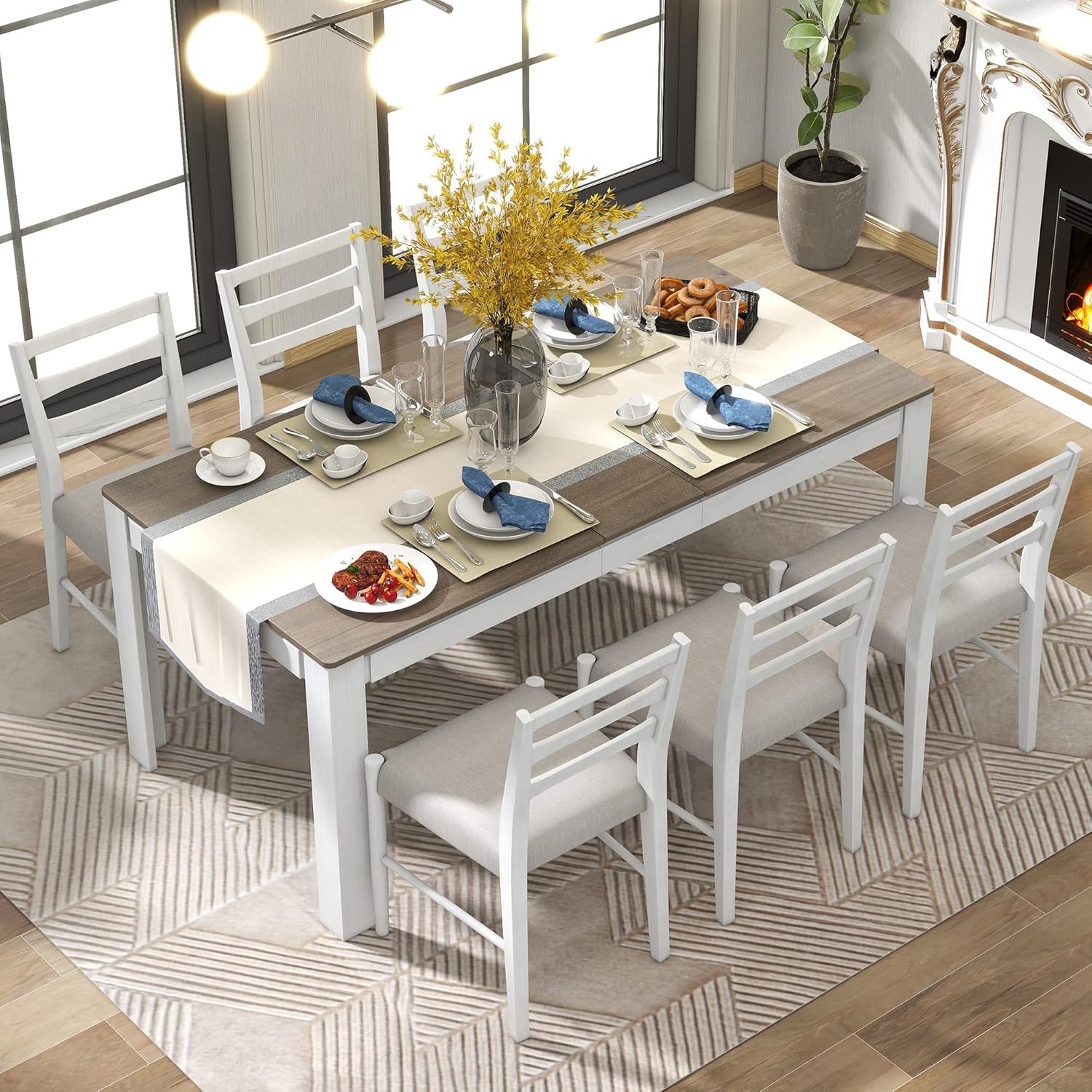 CITYLIGHT 7 Piece Framhouse Solid Wood Dining Table Set with