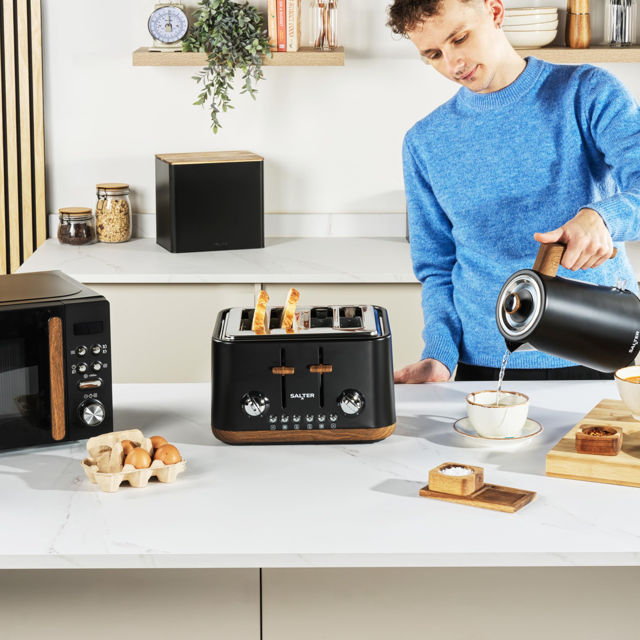 Salter Czajnik Toronto 1,7 l – szybkie gotowanie 3 kW, podstawa 360°, filtr kamienia, stylowy efekt drewna, bezprzewodowy, czujnik gotowania na sucho i automatyczne wylaczanie, wskaznik poziomu wody