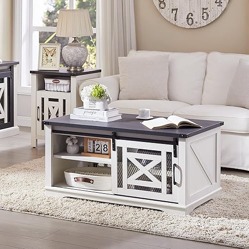 Miniatura 3 de JXQTLINGMU Mesa de centro rústica con puerta corrediza de granero de doble cara y estantes de almacenamiento para sala de estar color blanco