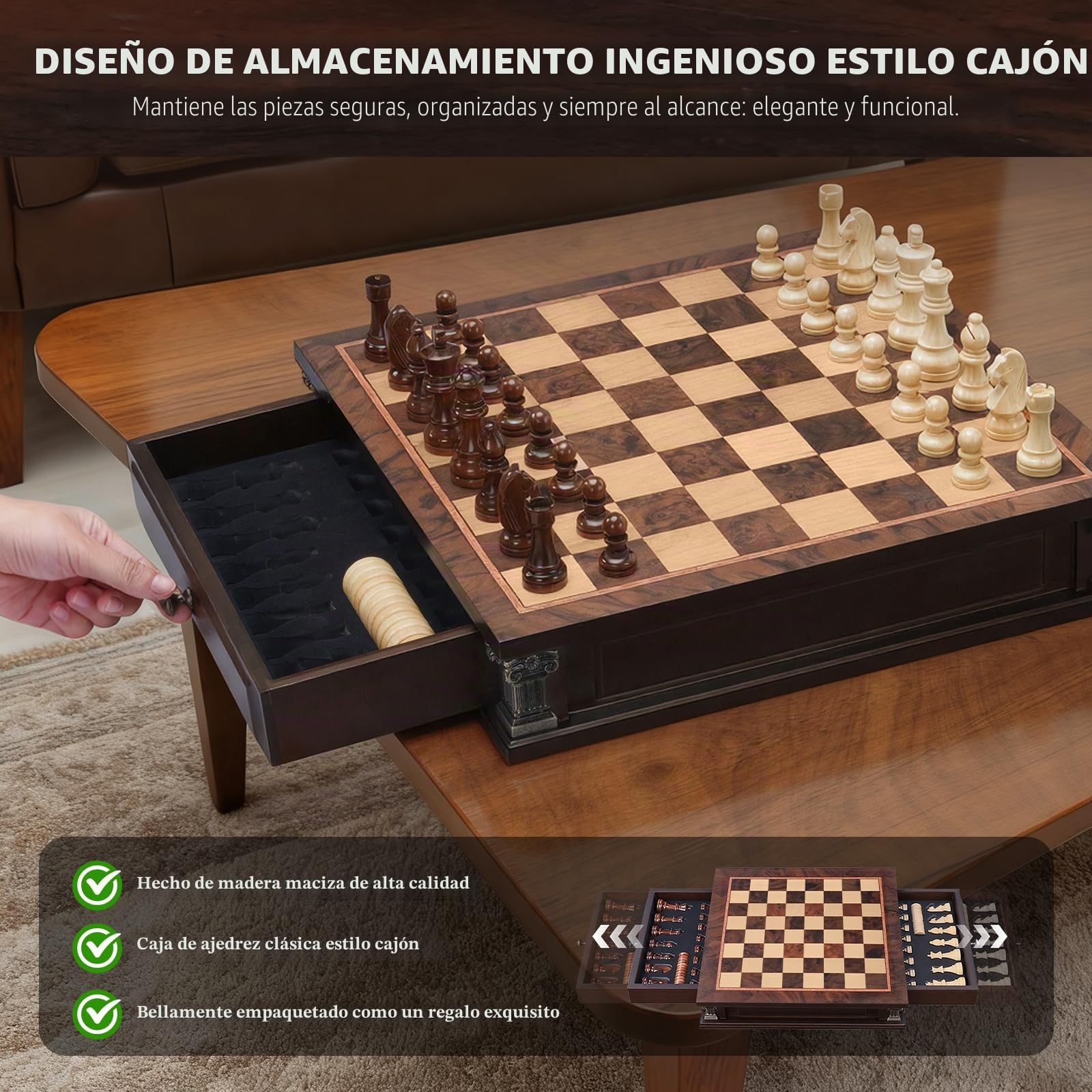 Peradix Juego de ajedrez magnético con 2 cajones de almacenamiento integrados, juegos de mesa de estrategia de madera de 15 pulgadas, 2 reinas extra, juego de ajedrez magnético de lujo para adultos