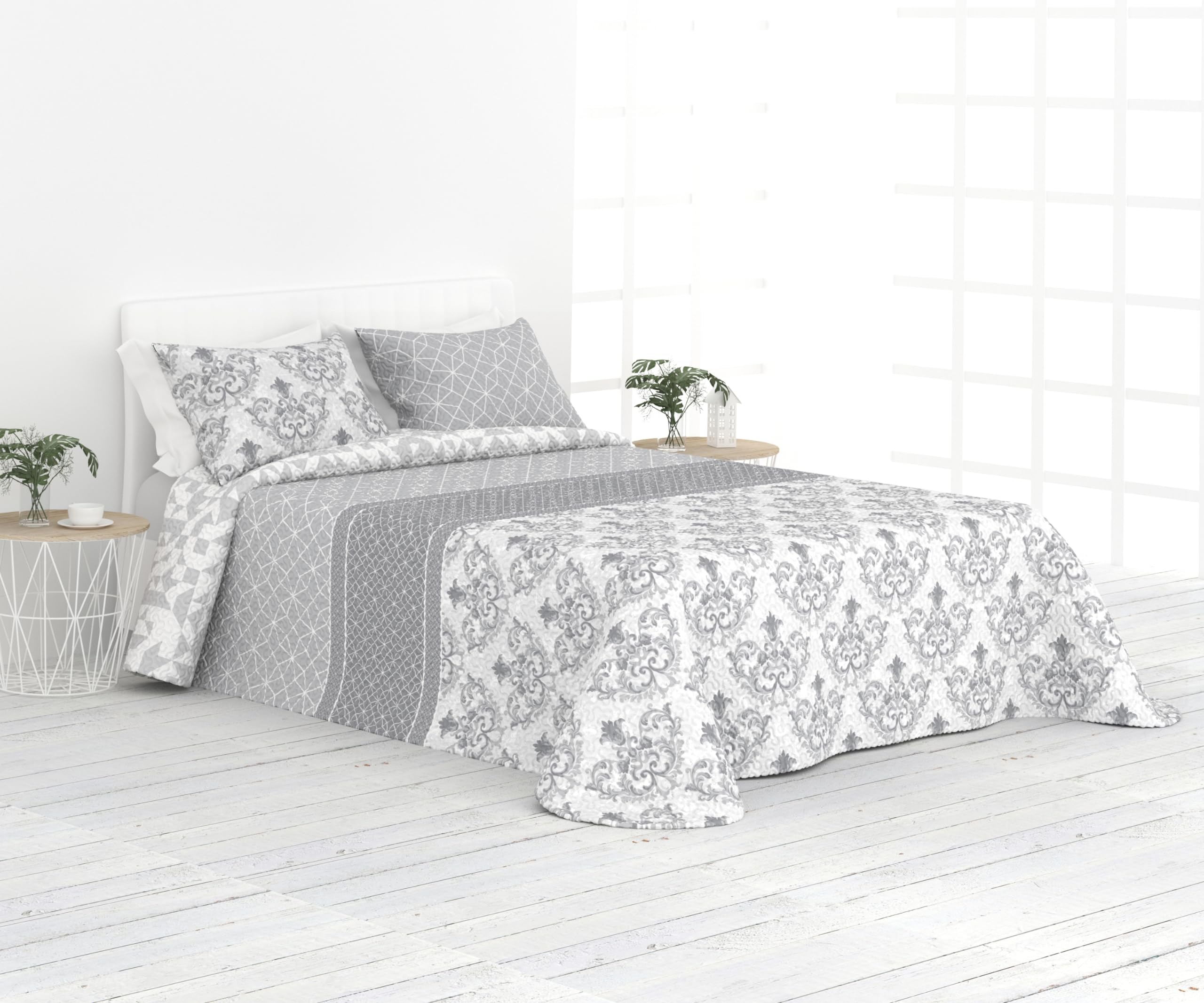 Liniva Home Colcha Fina Reversible de Verano y Primavera. Colcha con Funda DE COJÍN. Cubrecama Elegante de Microfibra Extra Suave. (Damasco - Gris - Cama 135 cm)