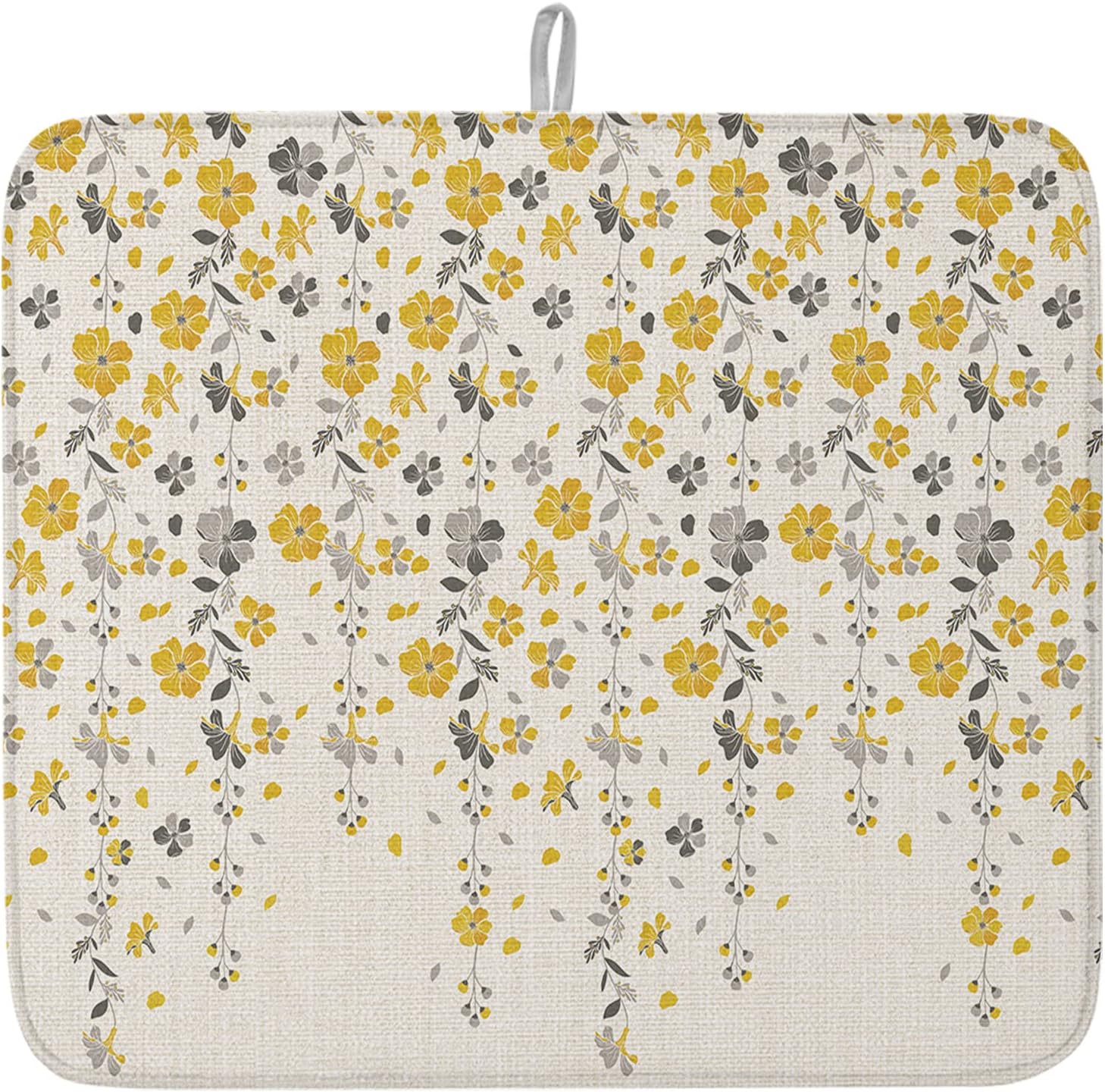 Yellow Grey Florals Dish Drying Mat for Kitchen Counter, Microfiber Rack Pads, Spring Weeping Flowers Linen Texture Absorbent Dish Bottle Drying Mat, 18''x24'', 2 Pack