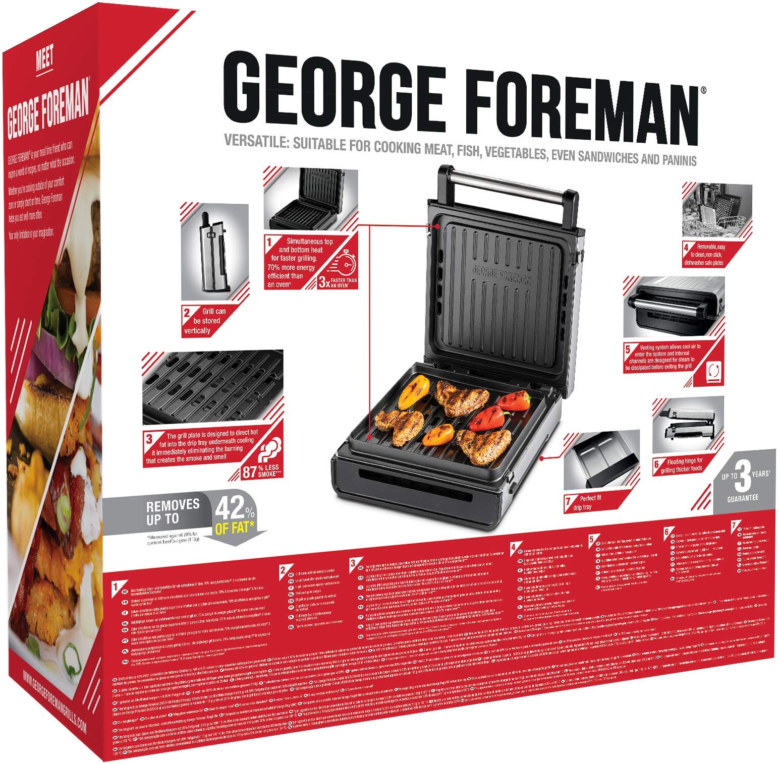 George Foreman Kontaktgrill & Panini- / Sandwichgrill [Smokeless - 87% weniger Rauch] Tischgrill (abnehmbare & spülmaschinengeeignete Grillplatten, 200°C Grilltemperatur, Edelstahlgehäuse) 28000-56