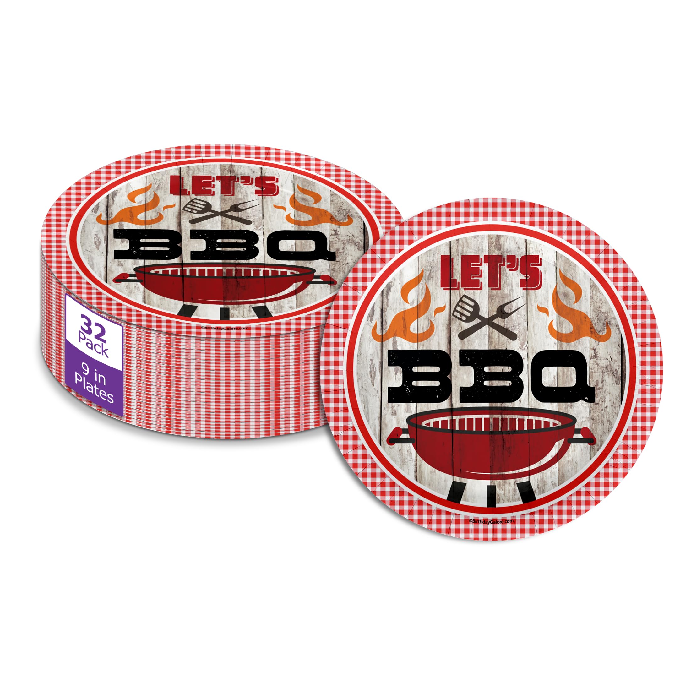 Birthday Galore Let's BBQ Red Gingham Party Supplies Tableware - Bar-B-Q Disposable Round Paper Plates - Summer Barbecue Picnic Plate - 32 Piece Large