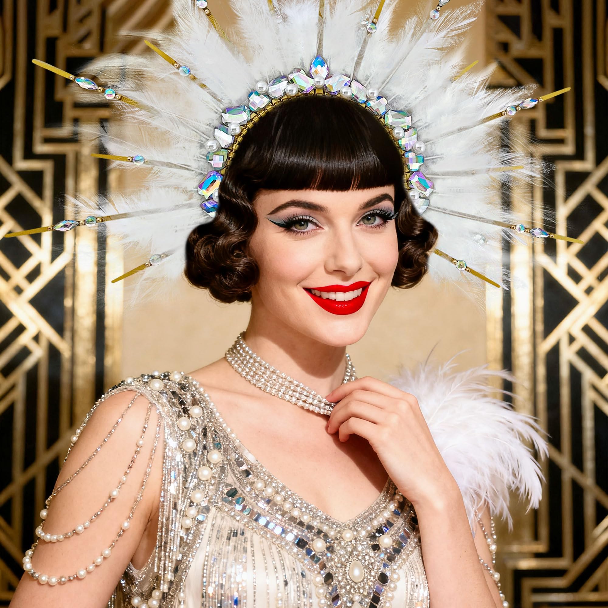 JeVenis White Feather Headpiece 1920s Carnival Accessories Headdress Mardi Gras Rave Festival for Women Flapper Costume Supplies โ image 1