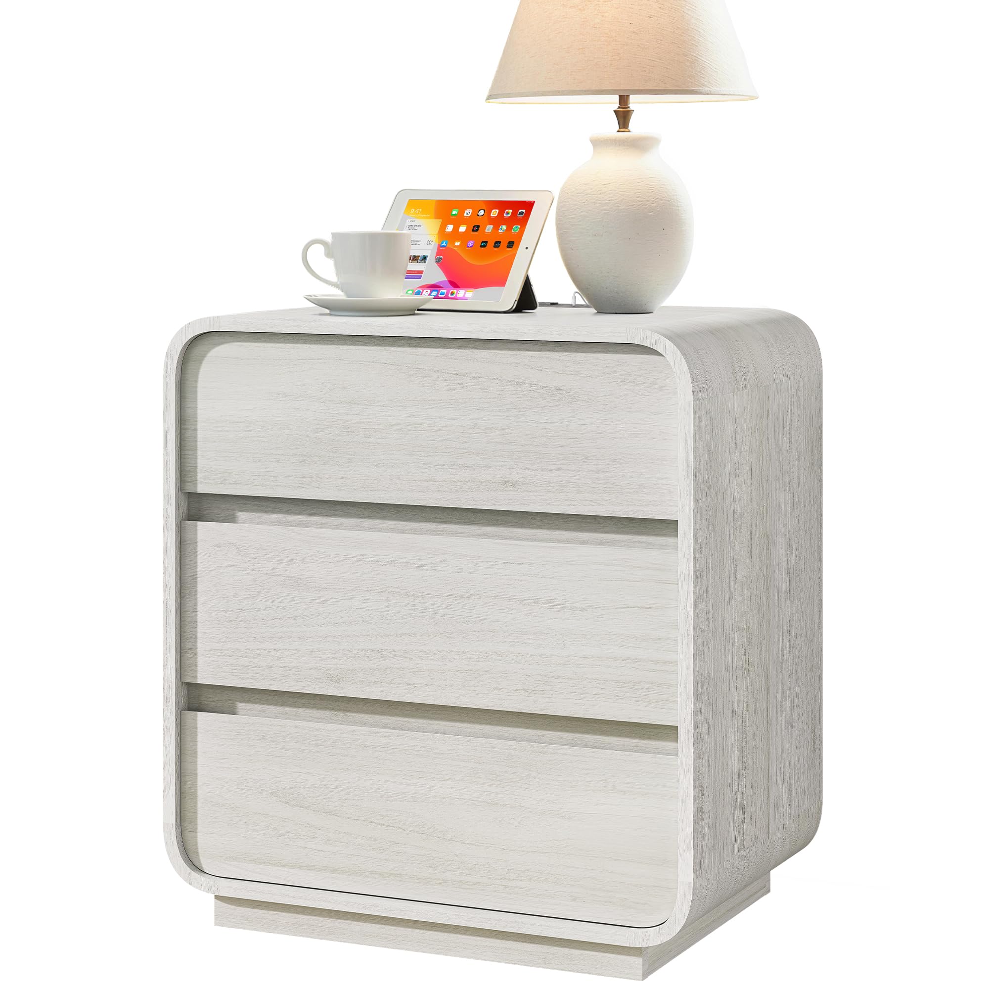 white night stand with charging station 3 storage drawers