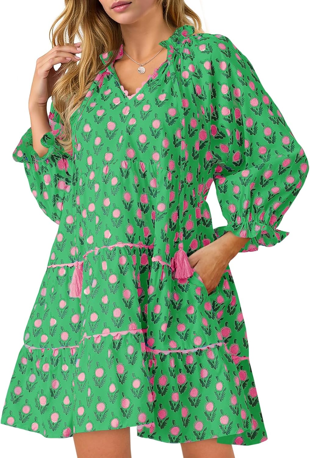 Wenrine Womens Casual Mini Dress Long Sleeve Floral Ruffle V Neck Fall Loose Boho Babydoll Dresses with Pockets