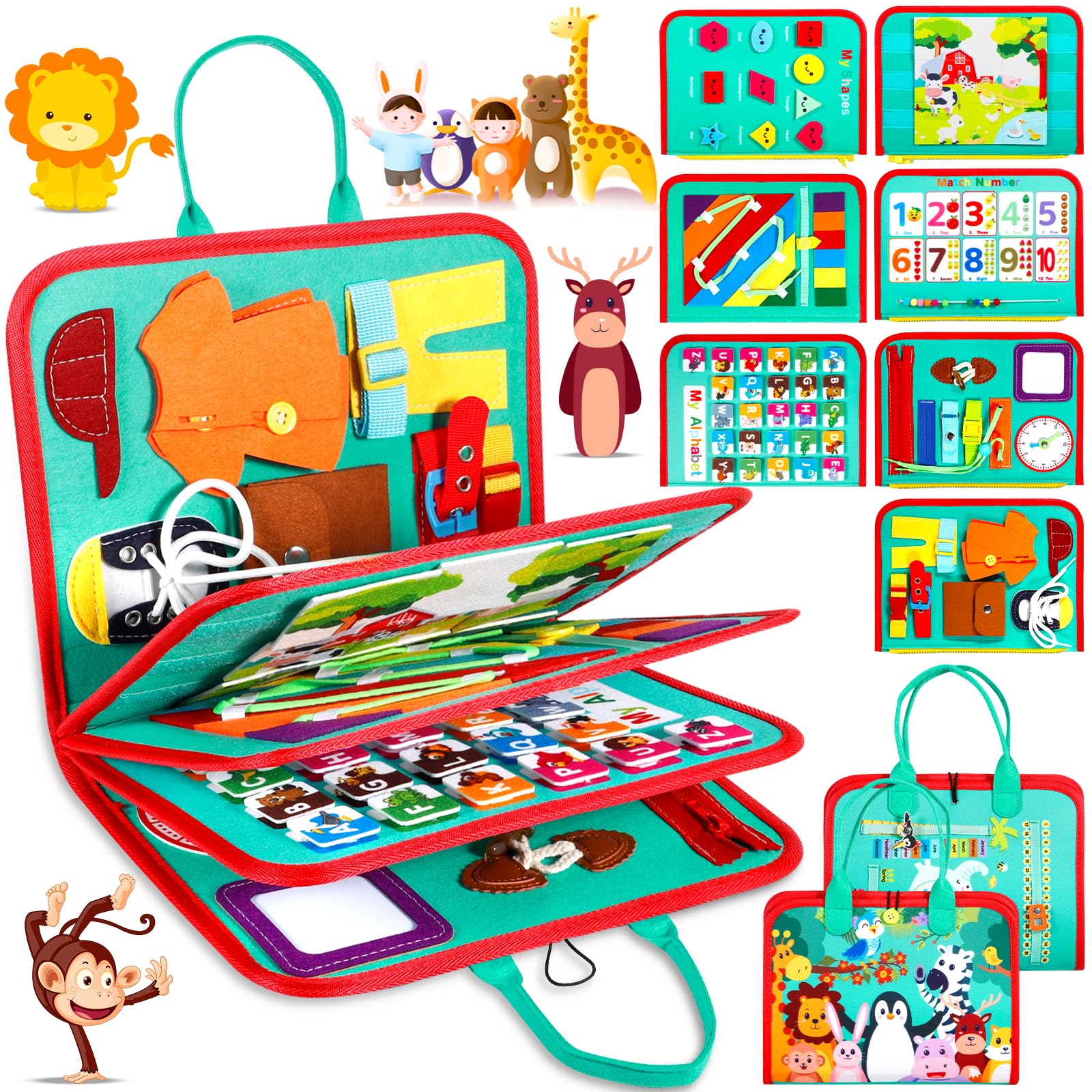 Busy Board Montessori Sumtoco - 9 Activités Dinosaures - Jouet éducatif 1-4 Ans - Livre Feutre Voyage