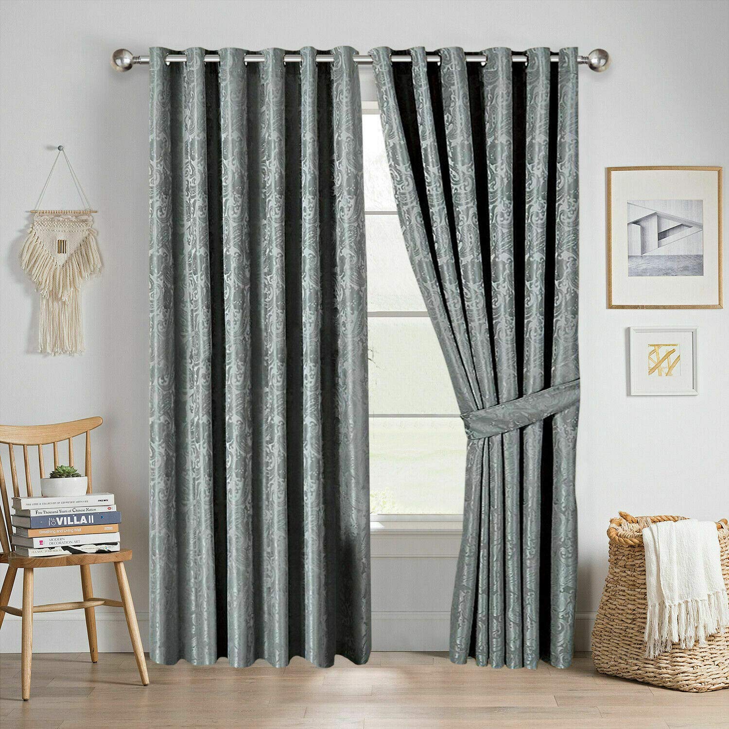 Quality Readymade Fully Lined Jacquard Curtain Ring Top Eyelet Curtain Pair With Tiebacks (Silver, 90 x 108 Inch) — image 1