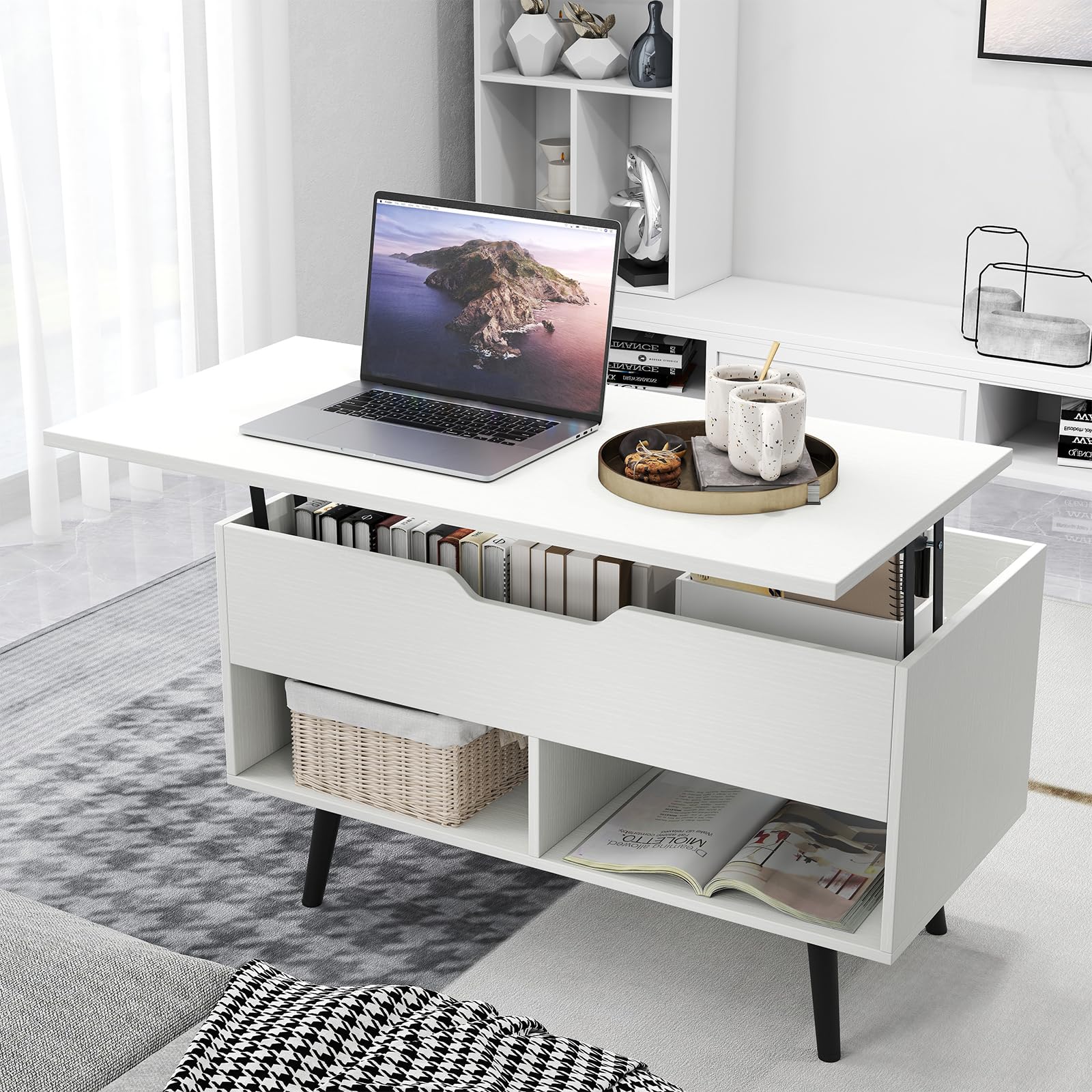 GIANTEX Mesa de Centro Elevable y Extensible, Mesa de Café de Madera con Espacio de Almacenamiento Oculto y 2 Estantes Abiertos, Mesa Auxiliar Rectangular para Salón, Oficina (Blanco)