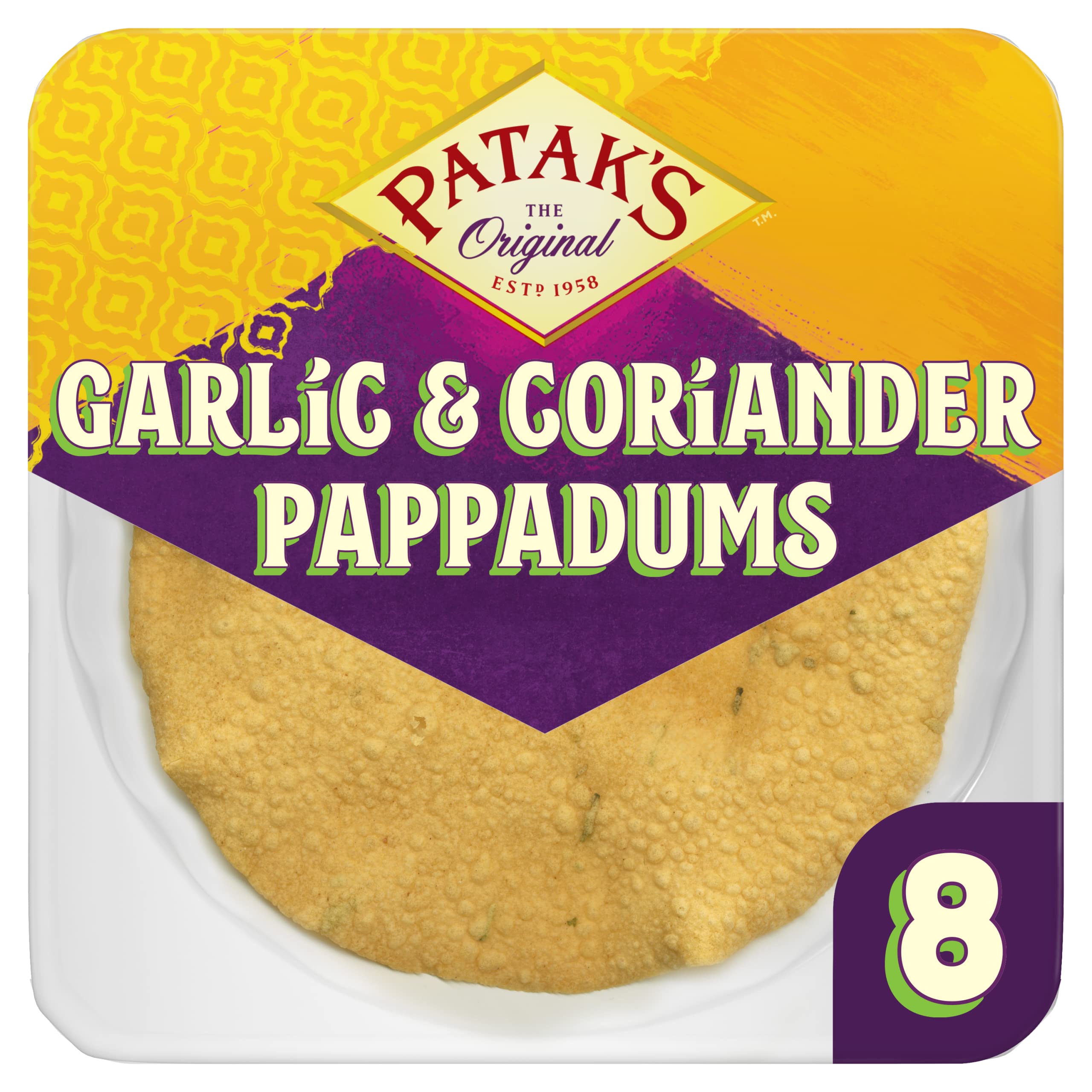 Patak's Garlic & Corriander Pappadums/Poppadoms 80g | 8 Pack | Light & Crunchy | Ready To Eat