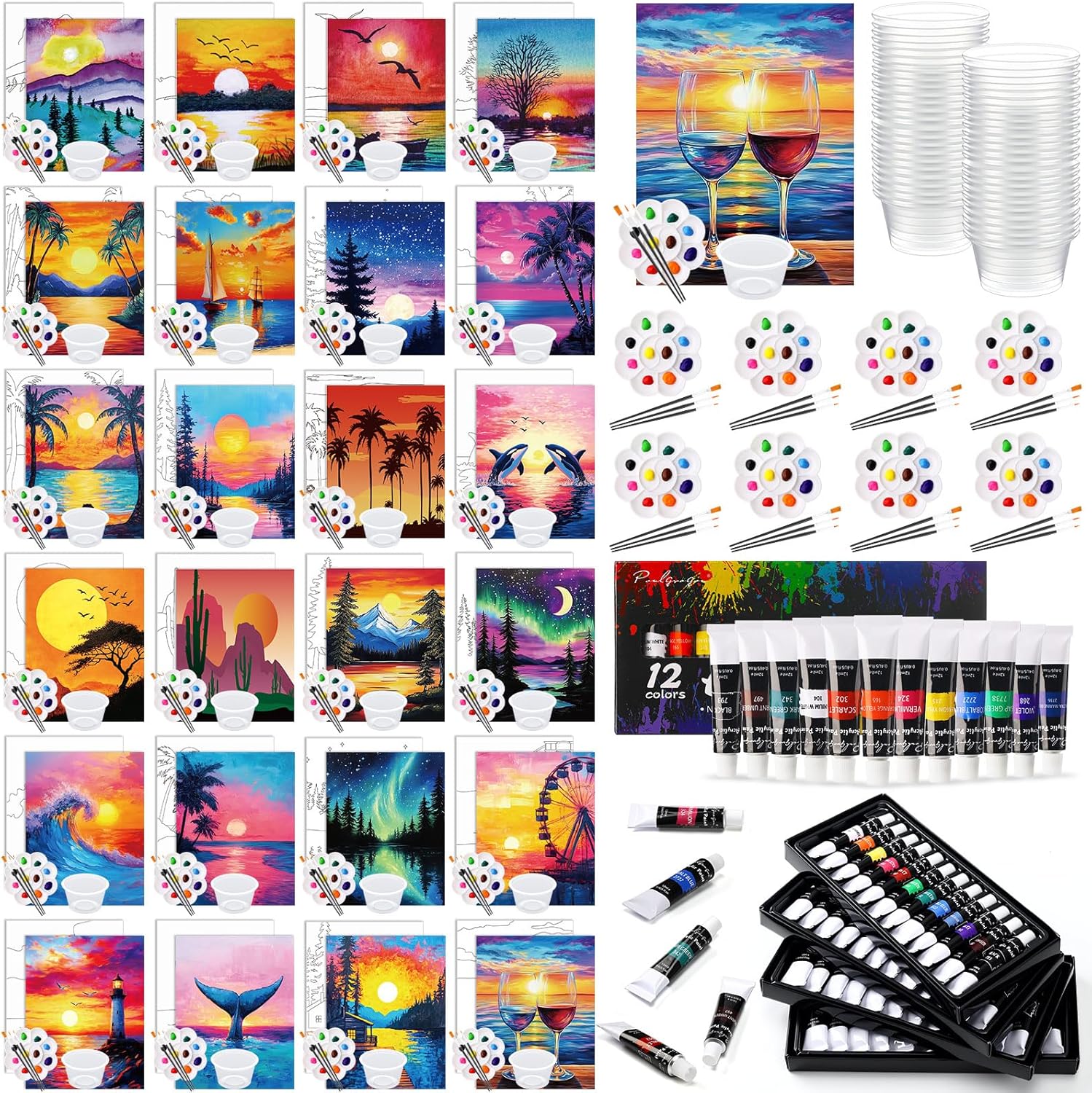 Cholemy 148 Pcs 24 Set Paint and Sip Kit for Adults 8"x 10" Sunset Pre Drawn Canvas with Acrylic Paint Set Wash Cup Brushes Palettes Painting Favor for DIY Adult's Date Night Party Supply