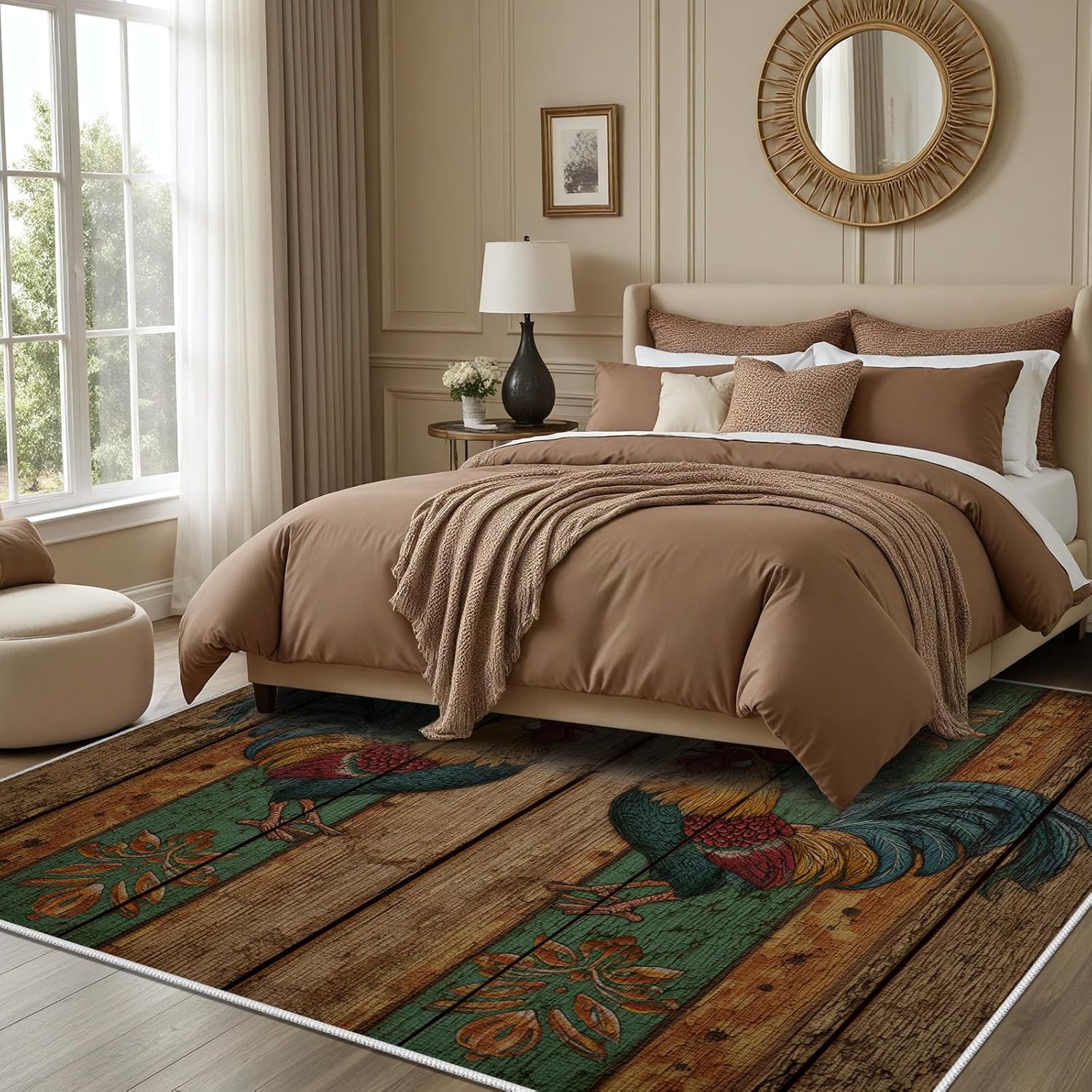 Rooster Pattern Area Rug 2x3 Rug Washable Farm Animal Rugs Non Slip Low Pile Vintage Wood Grain Soft Door Mat Carpet Indoor Entrance Ultra-Thin, Area Rugs for Entryway Bathroom(DAQ119)