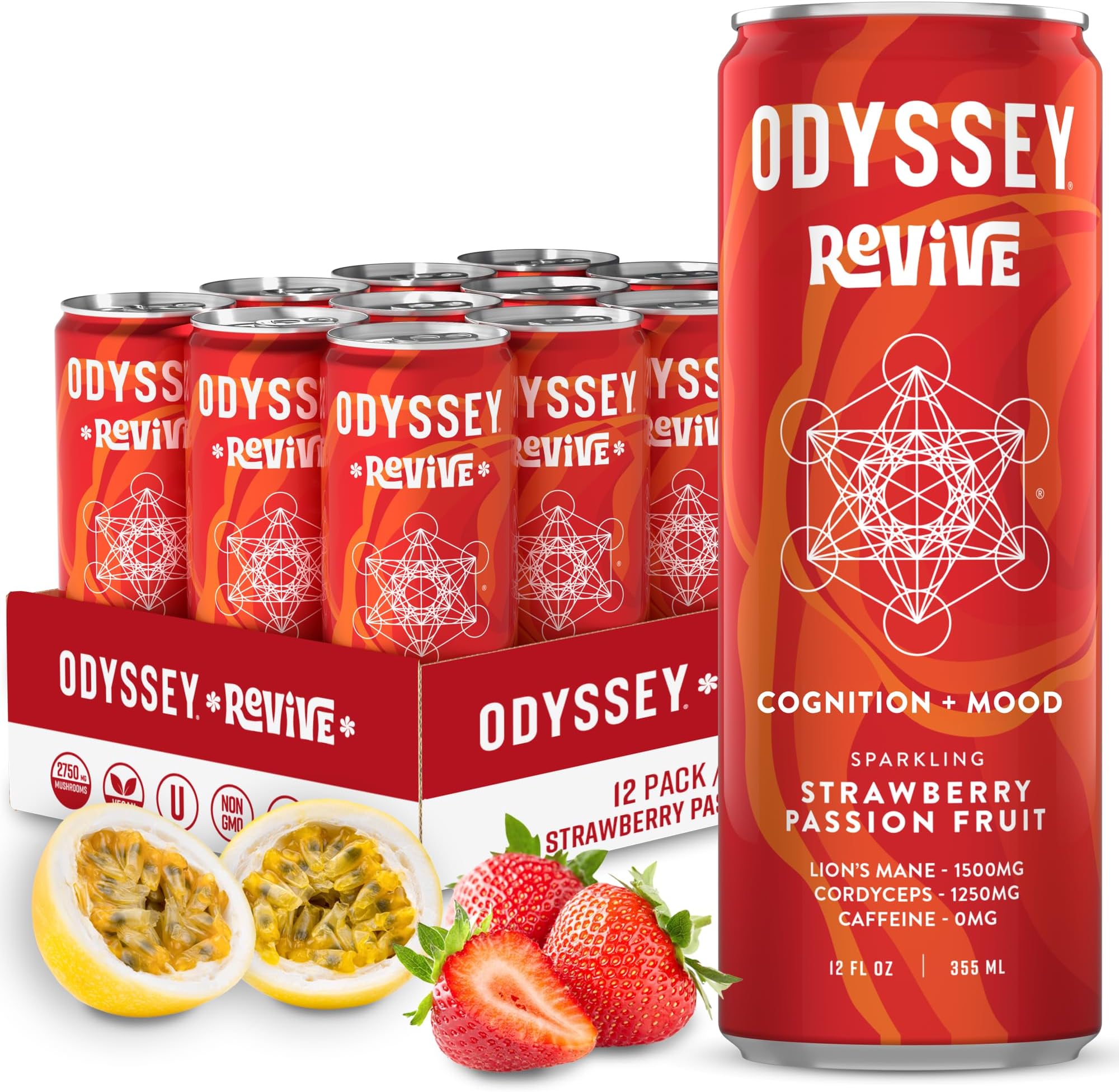 Odyssey Revive Sparkling Drink – Caffeine Free Electrolyte Water with Lion’s Mane Cordyceps L-Theanine and Vitamin C – Instant Hydration for Wellness – Strawberry Passion Fruit Flavor – 12 Pack