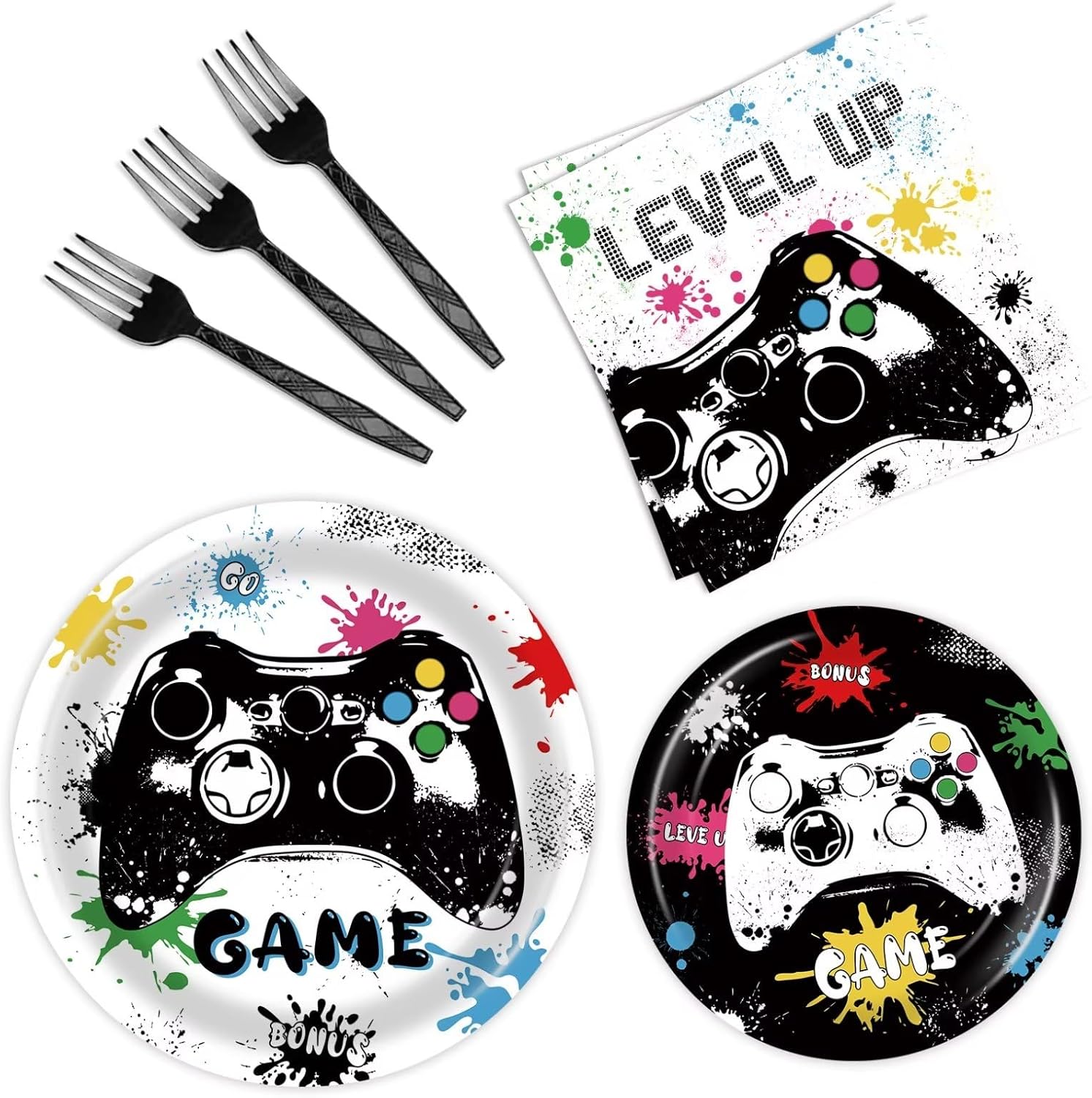 96 Pcs Video Game Plates and Napkins – Gamer Party Supplies – Level Up Birthday Party Decorations 96 Pcs Video Game Plates and Napkins – Gamer Party Supplies – Level Up Birthday Party Decorations