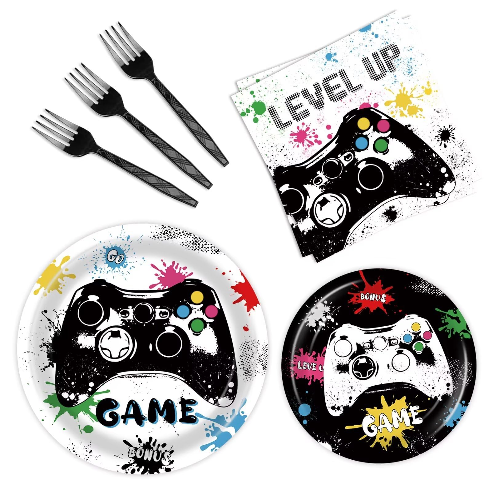 96 Pcs Video Game Plates and Napkins - Gamer Party Supplies - Level Up Birthday Party Decorations