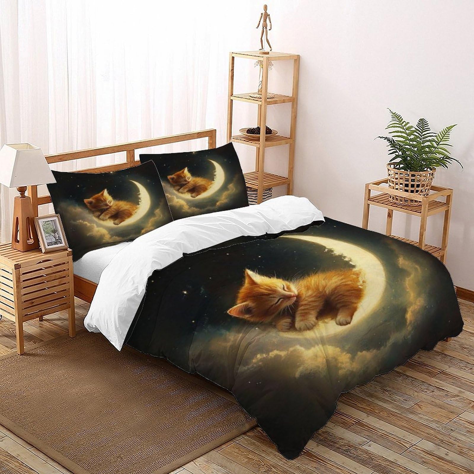 Housse de couette chat lunaire 200x200 cm avec 2 taies d'oreiller en microfibre
