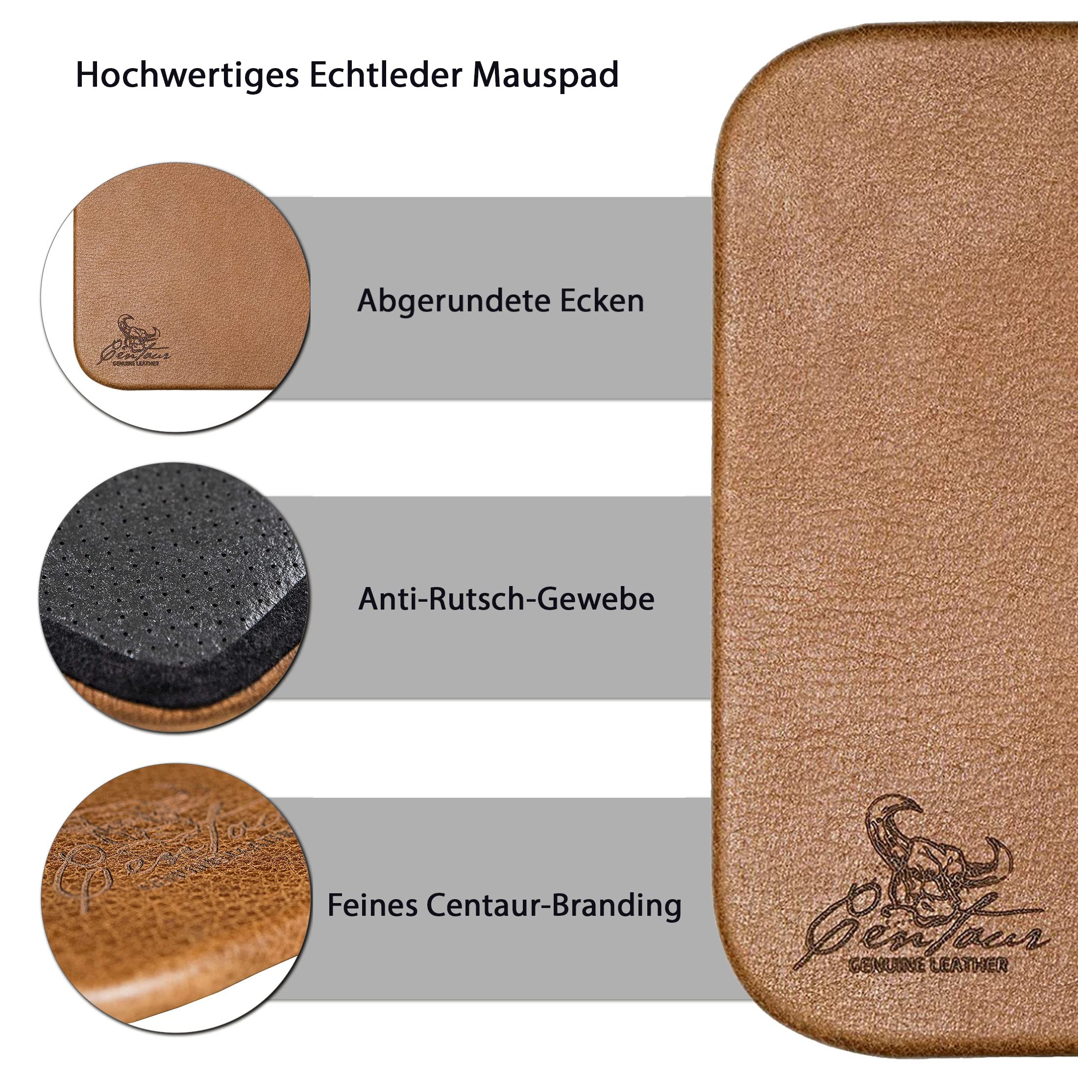 Centaur - Hochwertiges Leder Mousepad 25x18 cm Cognac Vintage - Vintage Mauspad aus echtem Leder - Unterlage für Computermaus - Leather Pad - Handarbeit Made in Germany