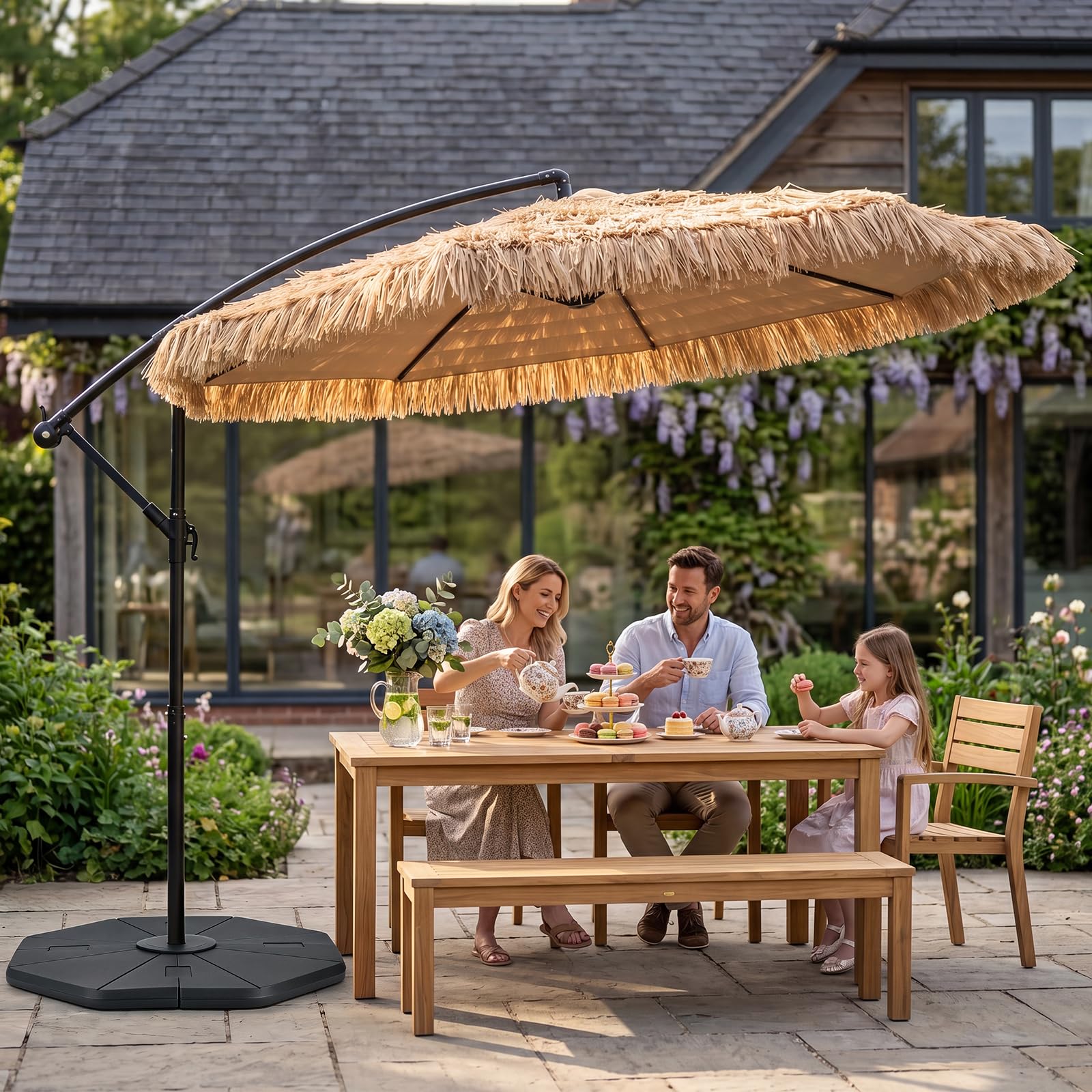 COSTWAY Sonnenschirm Hawaii 300 cm, Ampelschirm mit Kurbel, Strohschirm aus PE-Stroh, Gartenschirm, Terrassenschirm für Garten, Terrasse