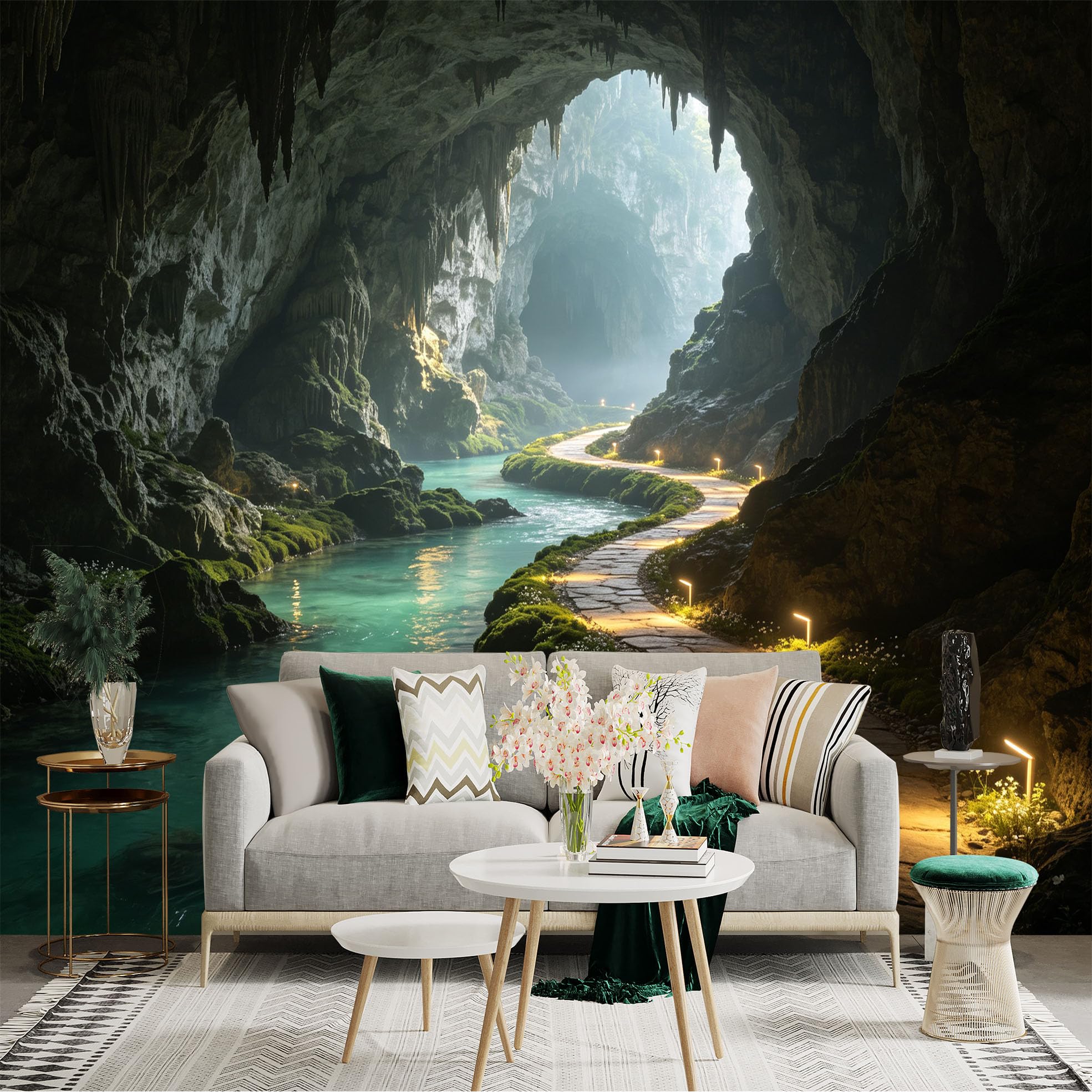 Custom Size Wall Sticker Mural， Mysterious Limestone Cave with Underground River， Stone Pathway and Glowing Lights， for wall Decoration， peelandstick wall Decals.