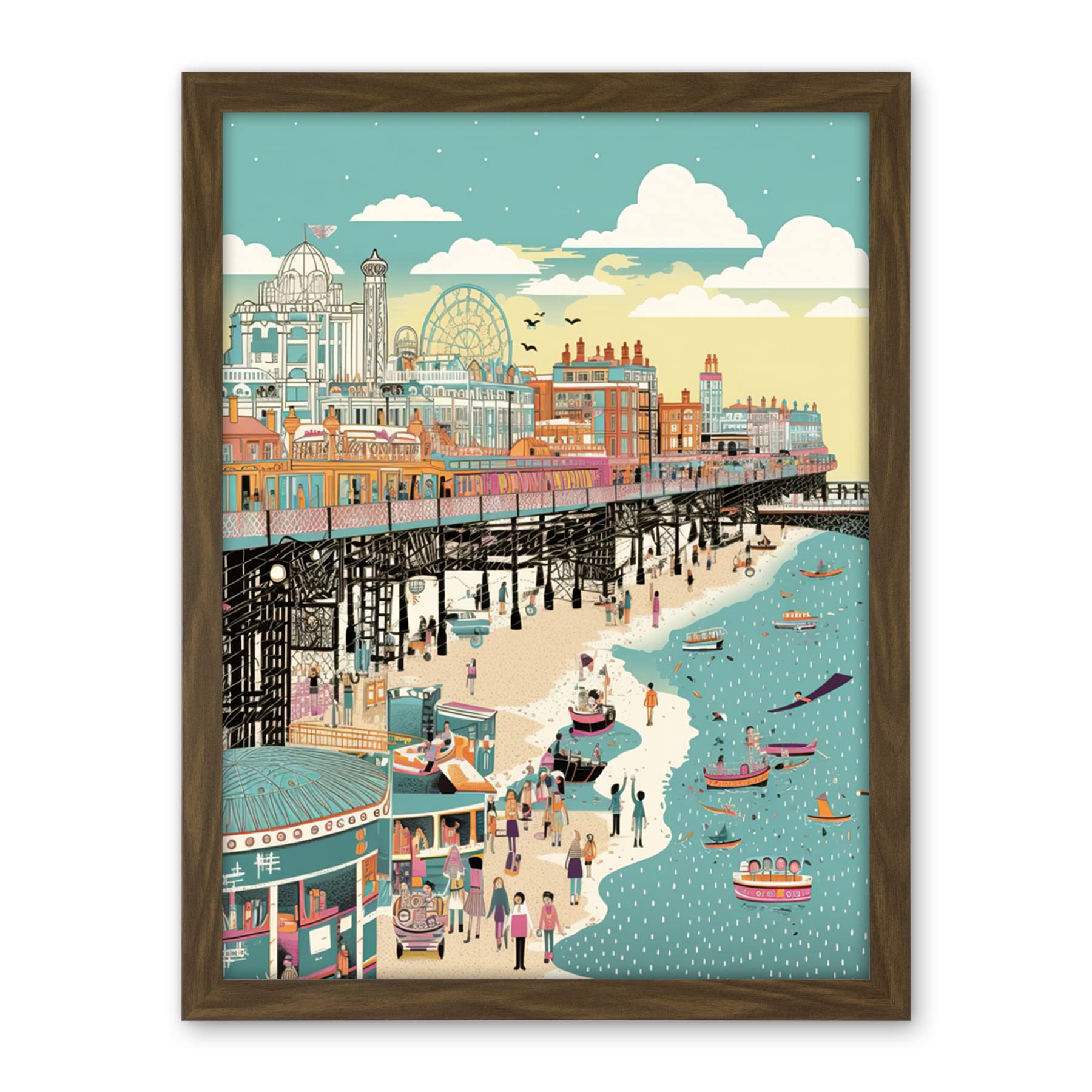 Artery8 Brighton Beach Pier and Sandy Summer Scene Artwork Framed Wall Art Print 18X24 Inch