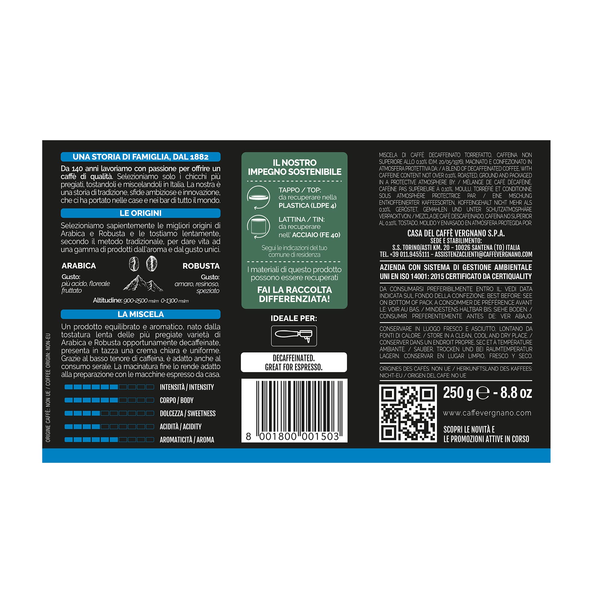Caffè Vergnano 1882 Lattina Caffè 100% Arabica Macinato Decaffeinato - 6 confezioni da 250 gr | 6 Confezioni da 250 gr